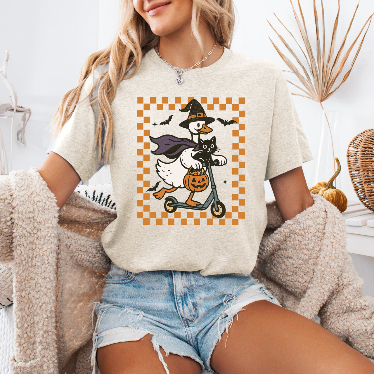 Funny Halloween Goose, Black Cat, Witch, Checkered Cartoon Illustration Graphic Tee