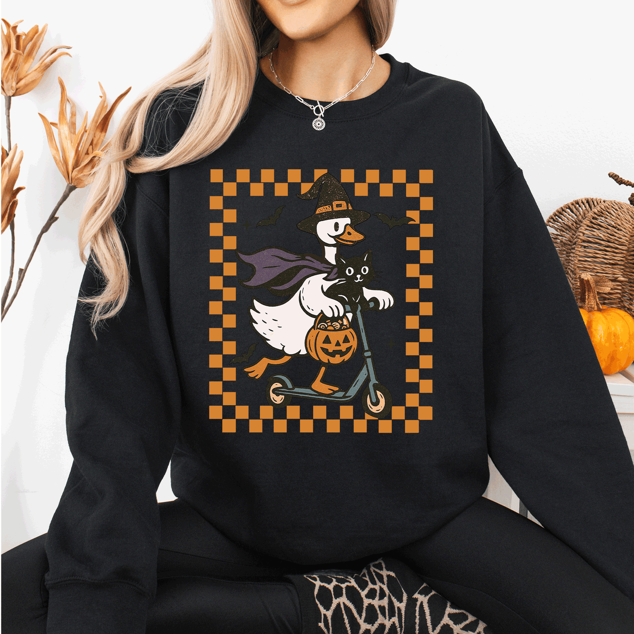 Funny Halloween Goose Black Cat Witch Checkered Parade Graphic Print Edition Sweatshirt