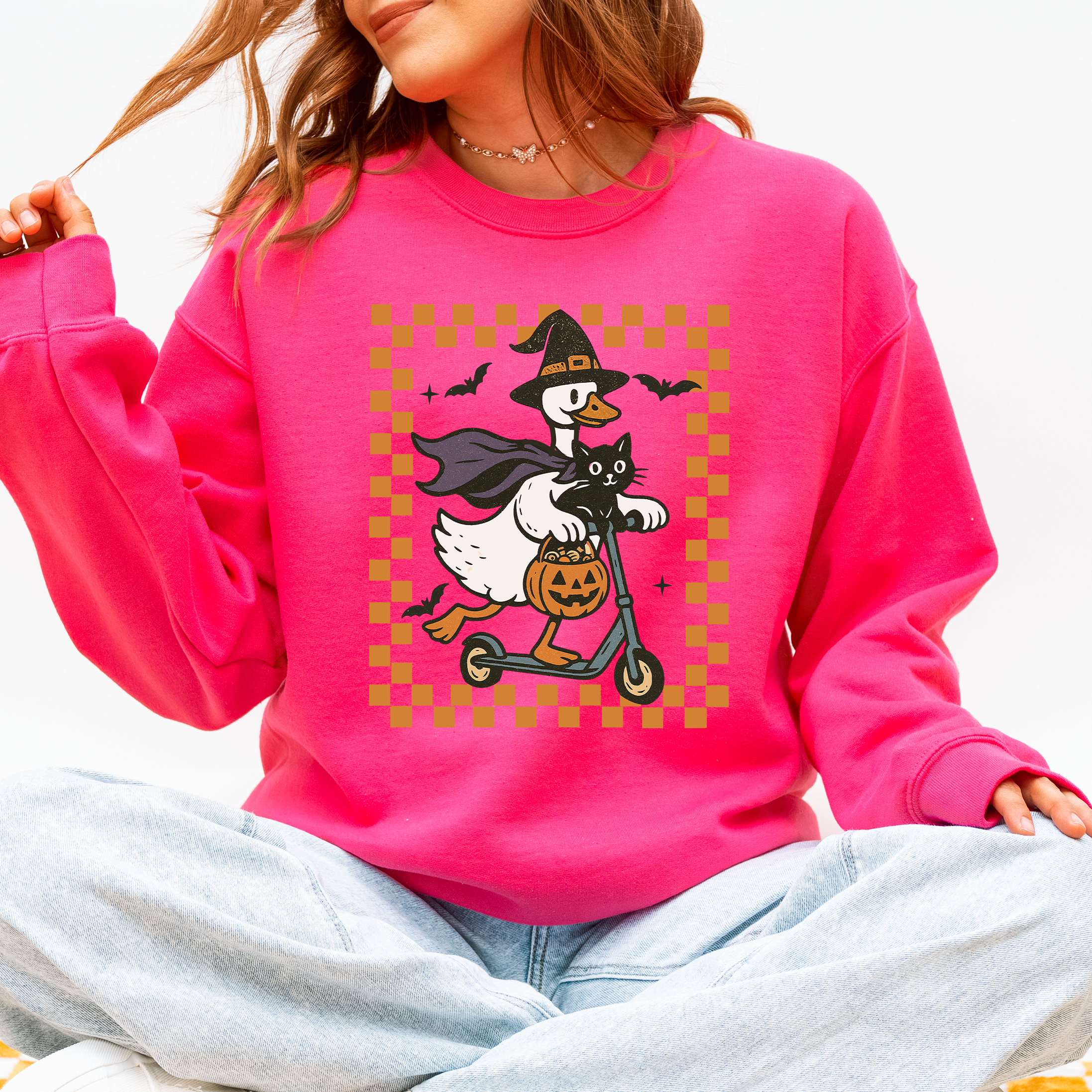 Funny Halloween Goose Black Cat Witch Checkered Parade Graphic Print Edition Sweatshirt