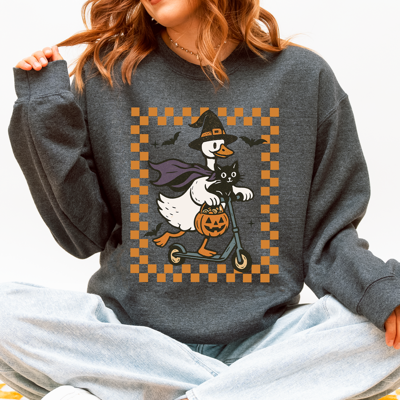 Funny Halloween Goose Black Cat Witch Checkered Parade Graphic Print Edition Sweatshirt