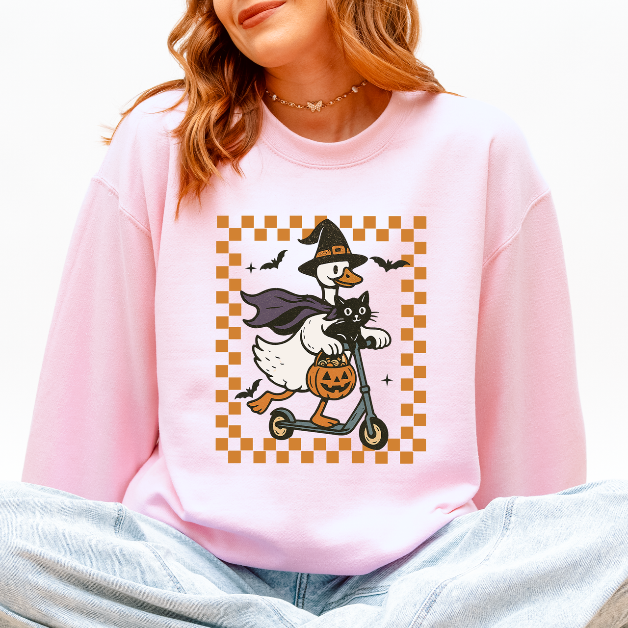 Funny Halloween Goose Black Cat Witch Checkered Parade Graphic Print Edition Sweatshirt