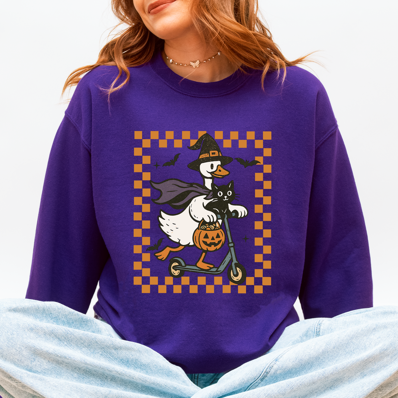 Funny Halloween Goose Black Cat Witch Checkered Parade Graphic Print Edition Sweatshirt
