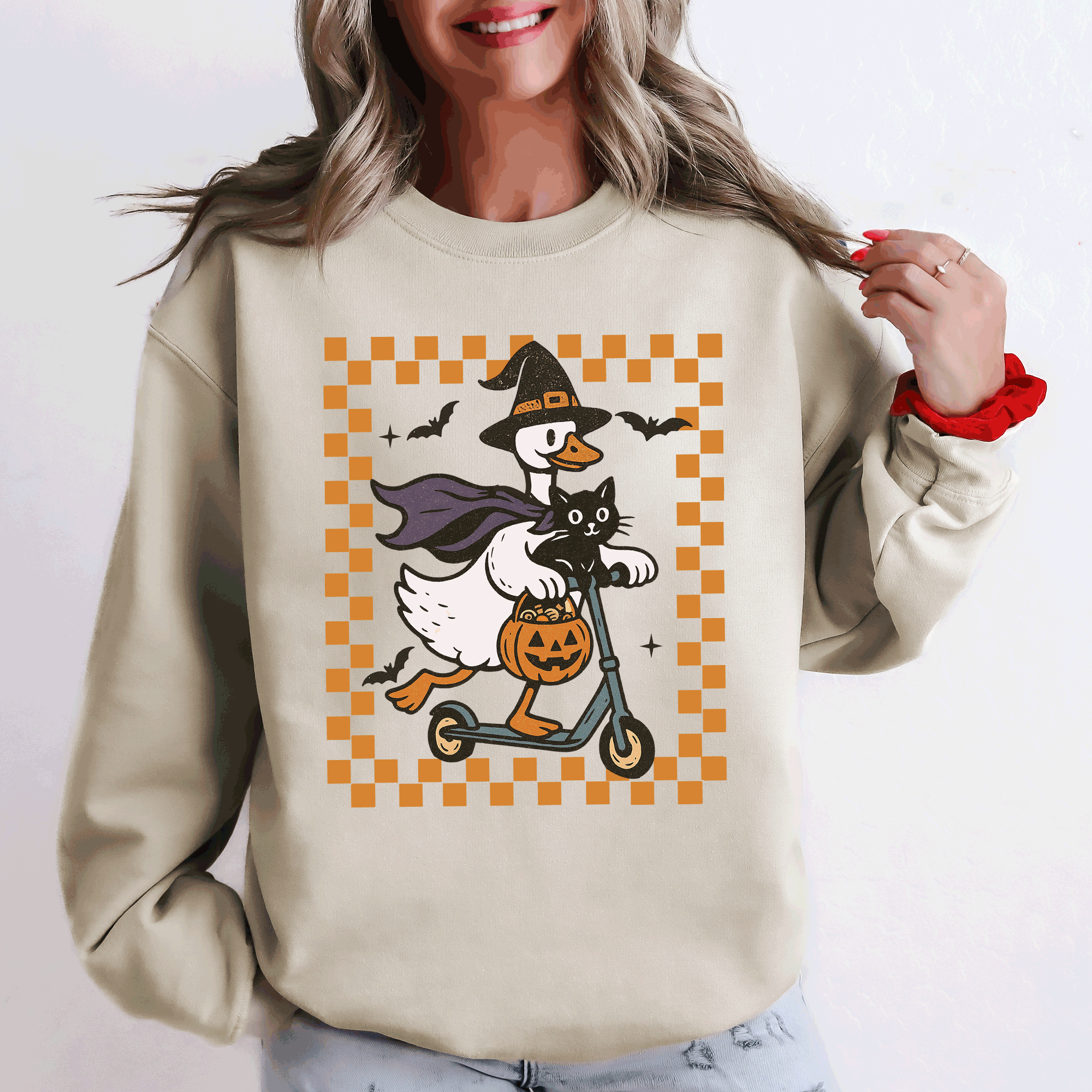 Funny Halloween Goose Black Cat Witch Checkered Parade Graphic Print Edition Sweatshirt