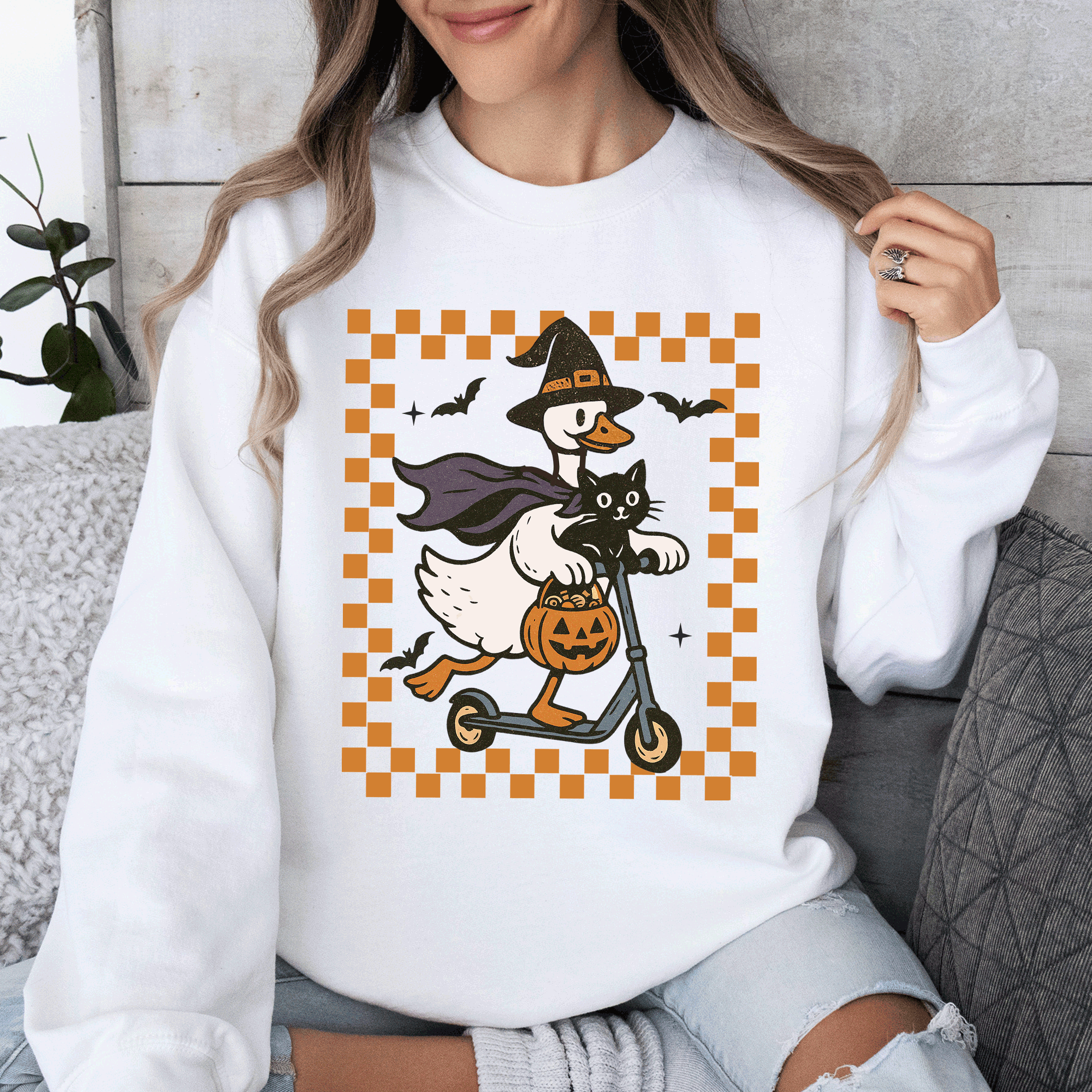 Funny Halloween Goose Black Cat Witch Checkered Parade Graphic Print Edition Sweatshirt