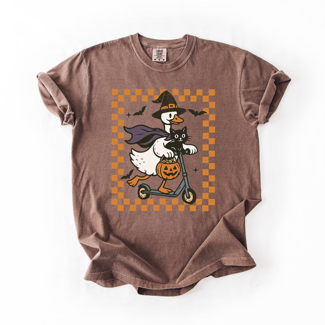 Funny Halloween Goose With Black Cat Witch Checkered Scene Artwork Comfort Colors Tee
