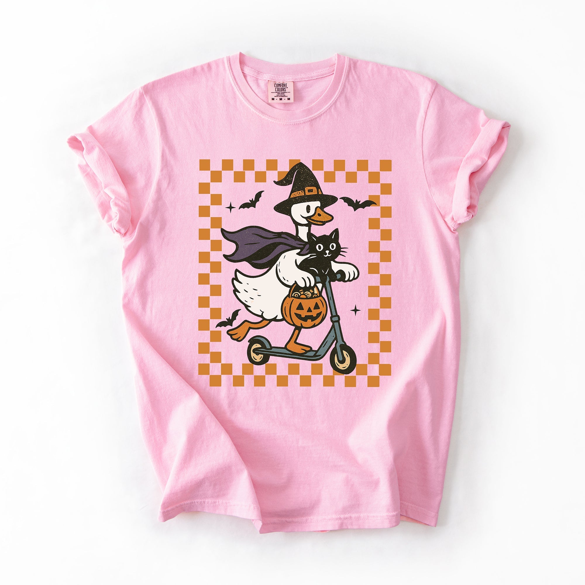 Funny Halloween Goose With Black Cat Witch Checkered Scene Artwork Comfort Colors Tee