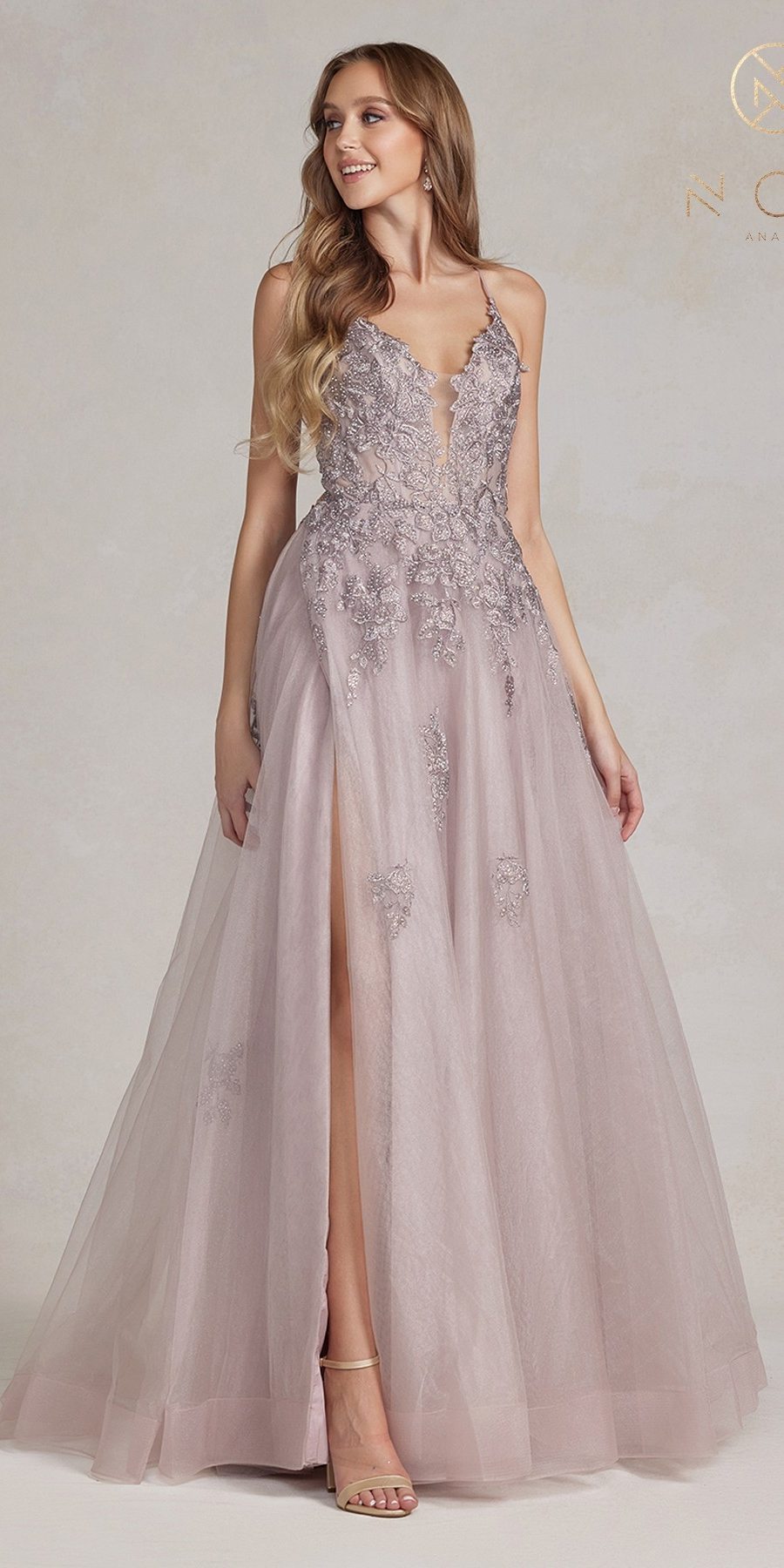 Nox Anabel G1149 Floor Length A-Line Tulle Gown with Slit