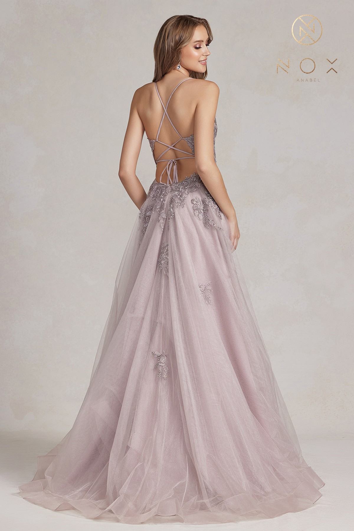 Nox Anabel G1149 Floor Length A-Line Tulle Gown with Slit