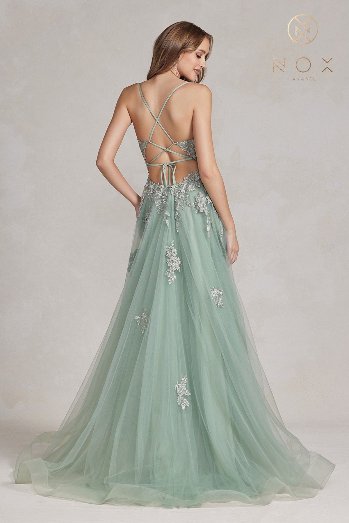 Nox Anabel G1149 Floor Length A-Line Tulle Gown with Slit