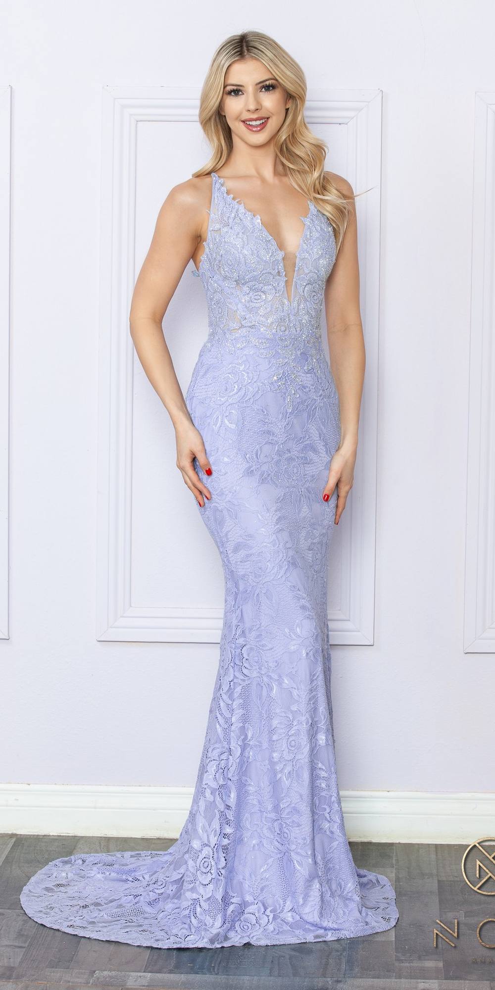 Nox Anabel G1353 Long Boho Inspired Embroidered V-Neck Mermaid Gown