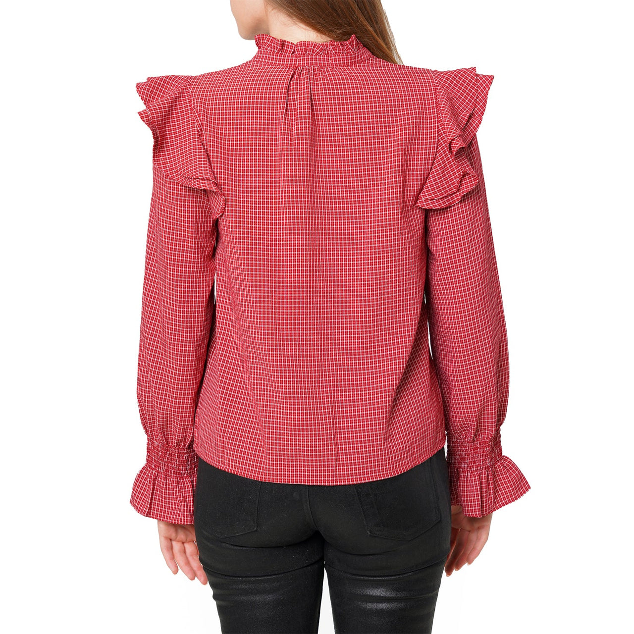 Women's Ruffle Detailed Plaid Shirt in Red