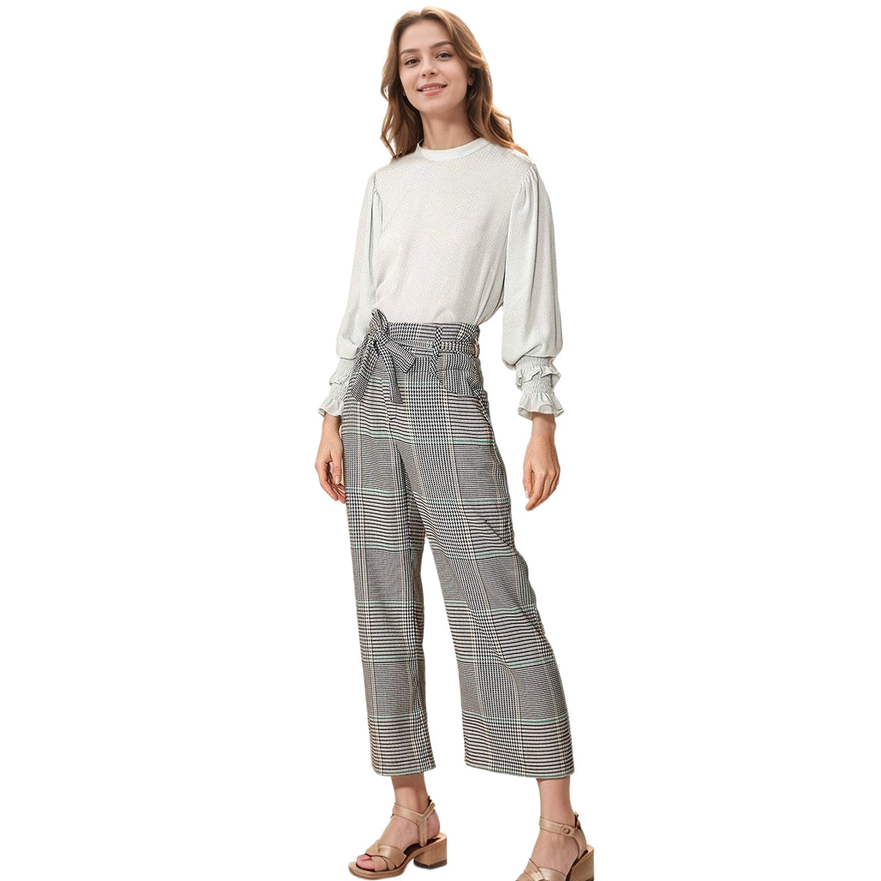Women's Plaid Tie Waist Cropped Pants in Fall Glen