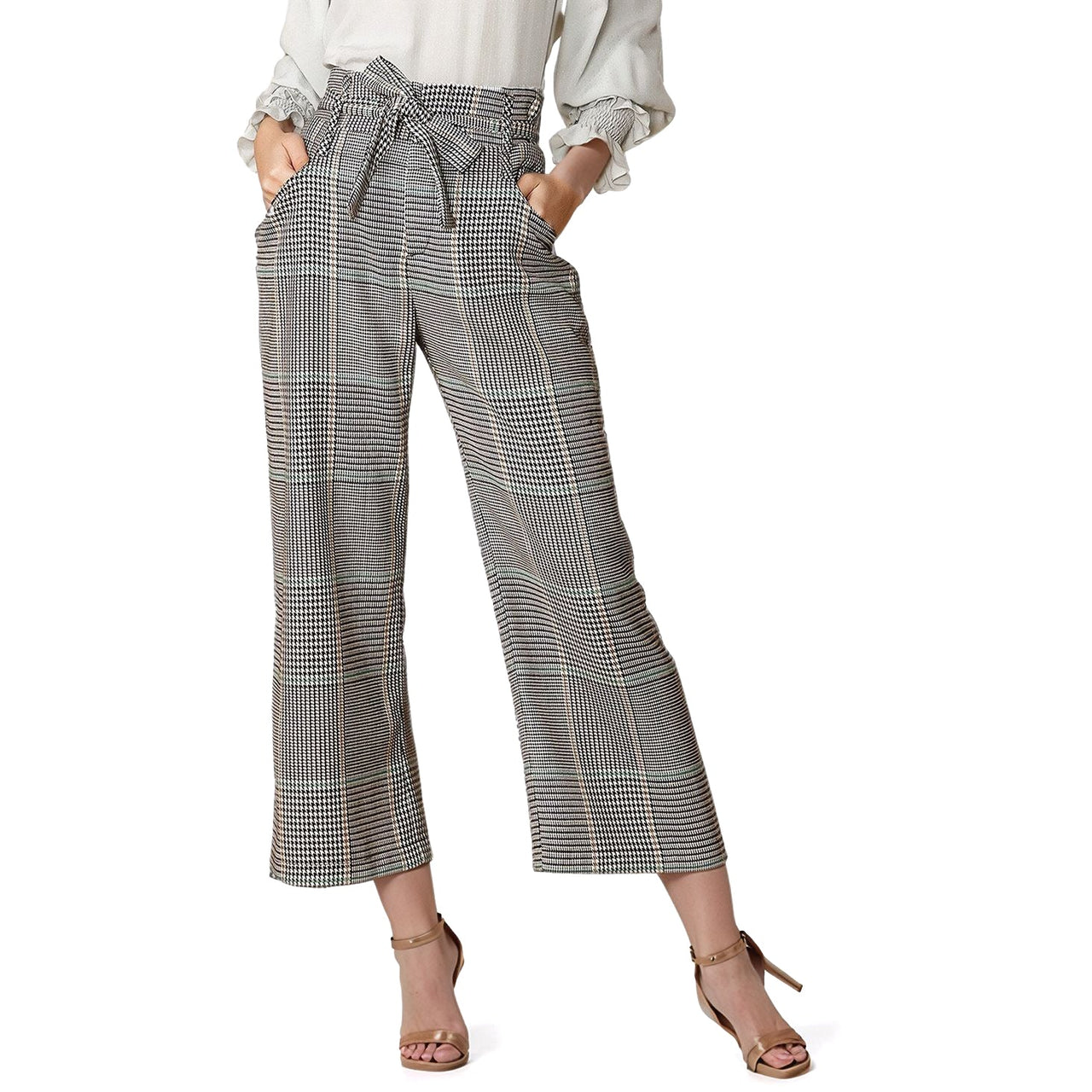 Women's Plaid Tie Waist Cropped Pants in Fall Glen