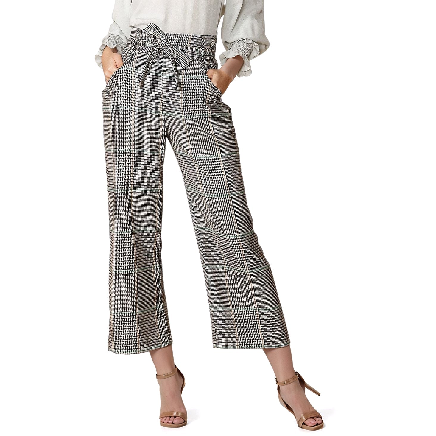 Women's Plaid Tie Waist Cropped Pants in Fall Glen