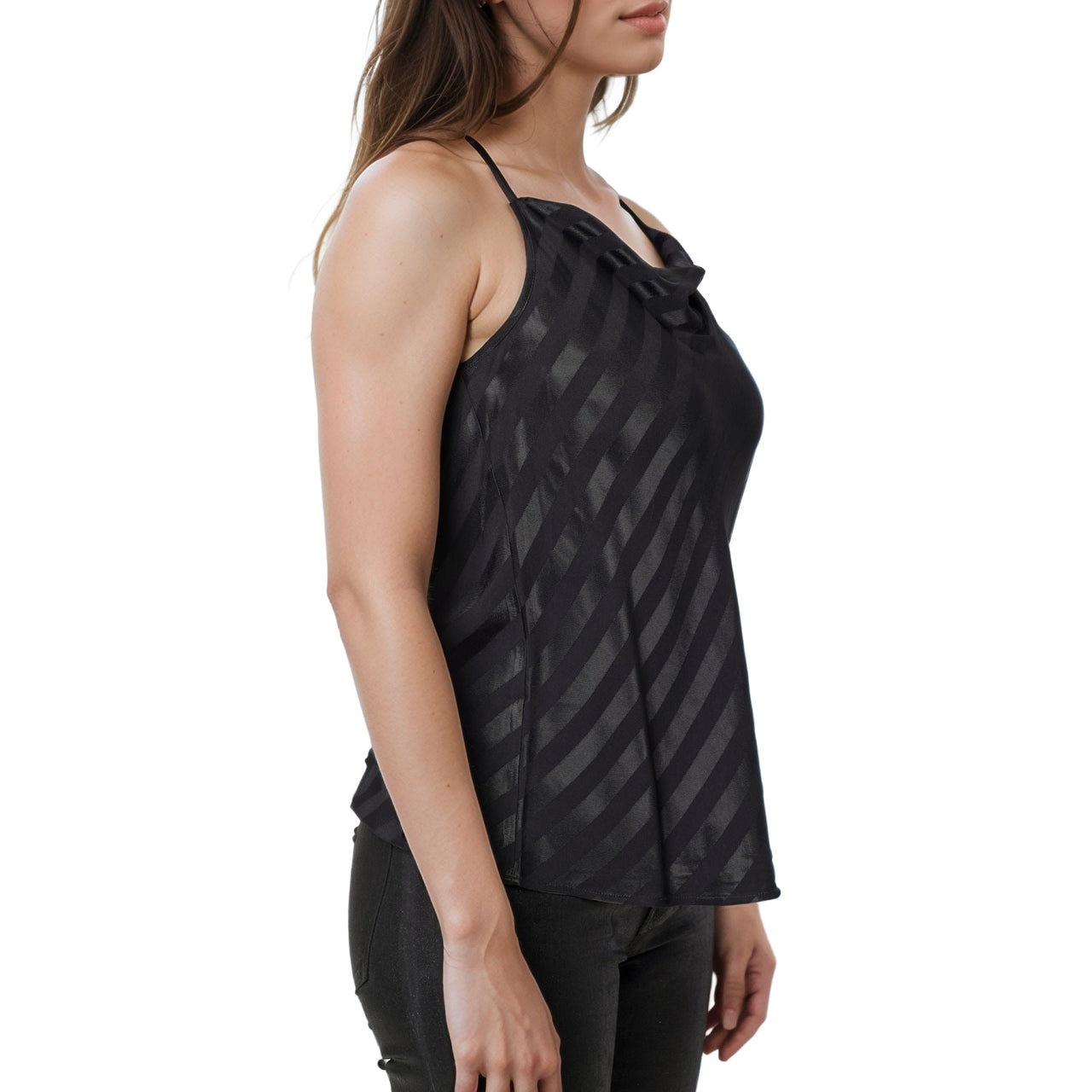 Women's Stripe Satin Draped Neck Camisole in Black