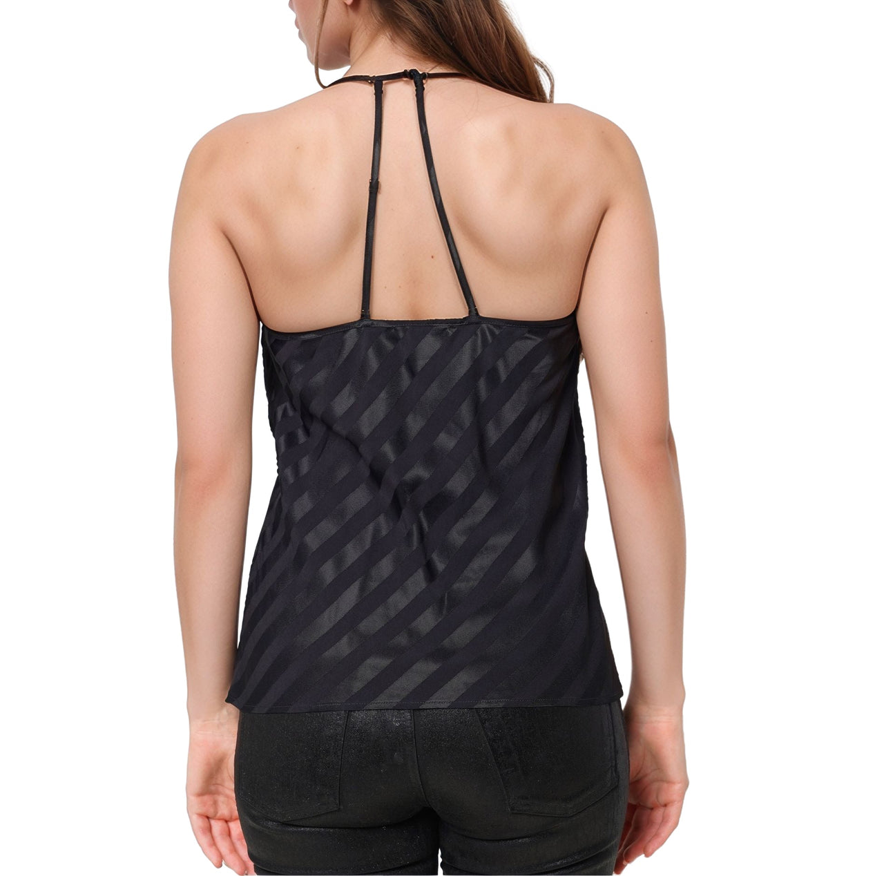 Women's Stripe Satin Draped Neck Camisole in Black