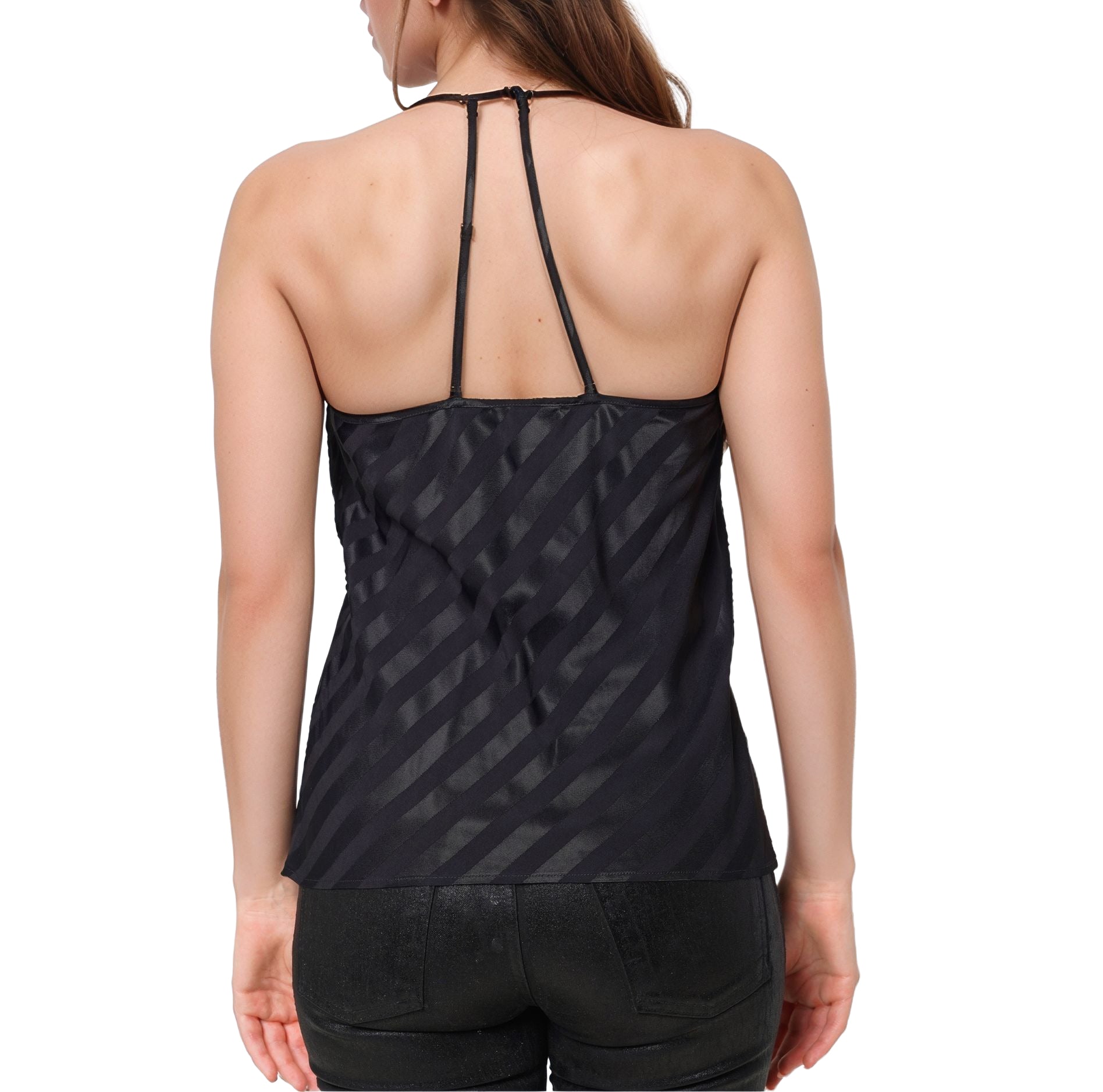 Women's Stripe Satin Draped Neck Camisole in Black