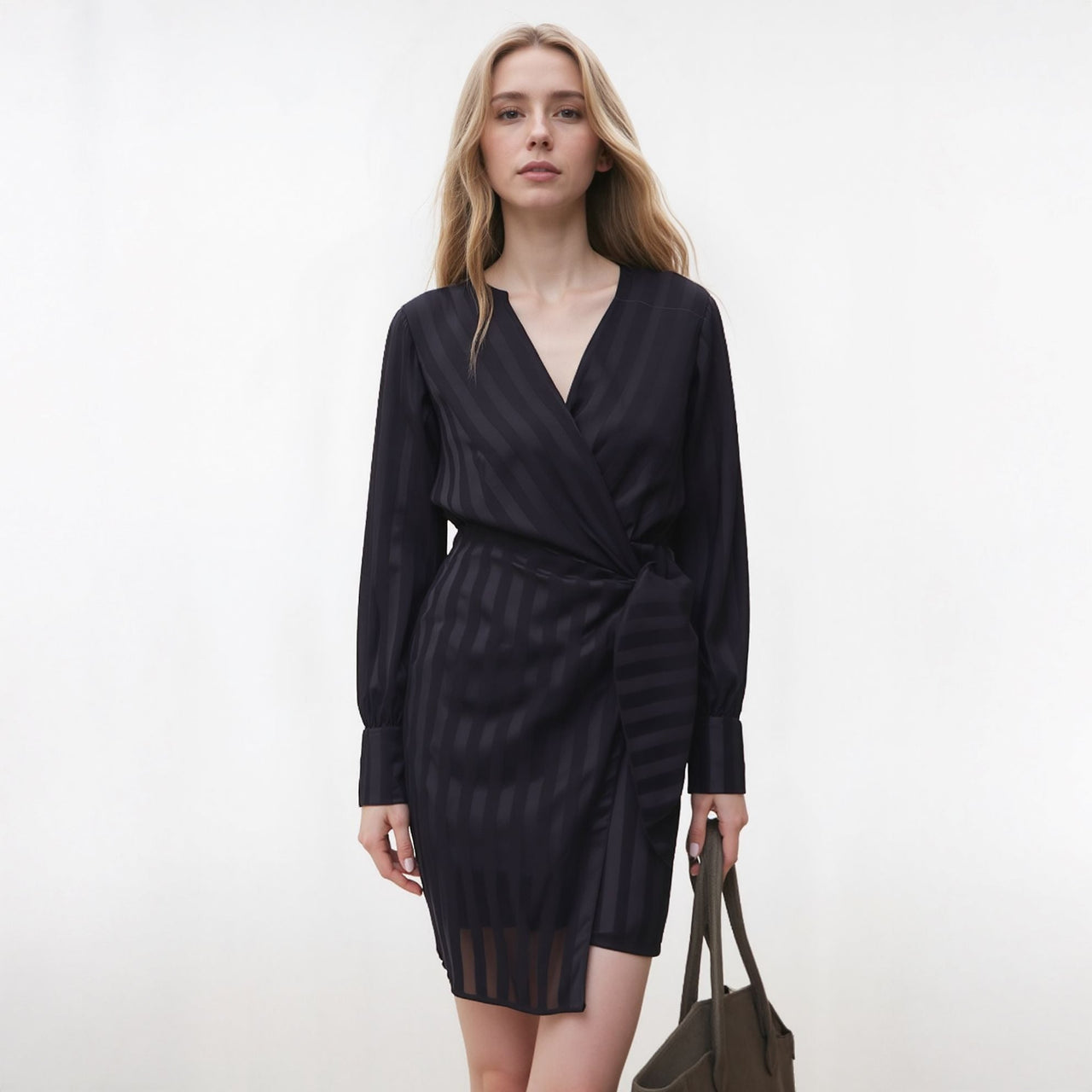 Women's Stripe Satin Long Sleeve Mini Dress in Black