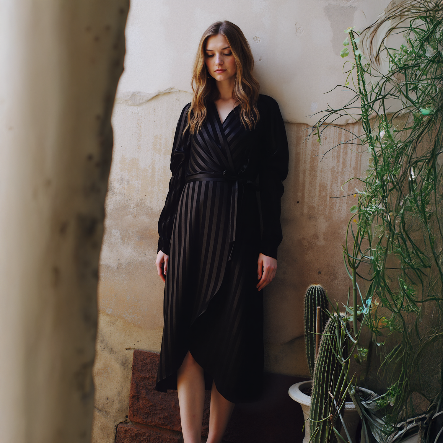 Women's Puffy Shoulder Dress in Black Stripe