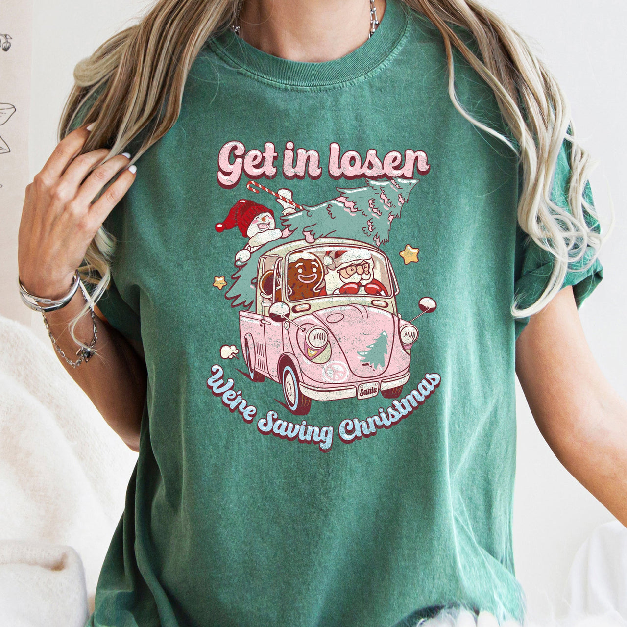 Get In Loser, We're Saving Christmas Retro VW Pink Santa Snowman Comfort Colors Tee