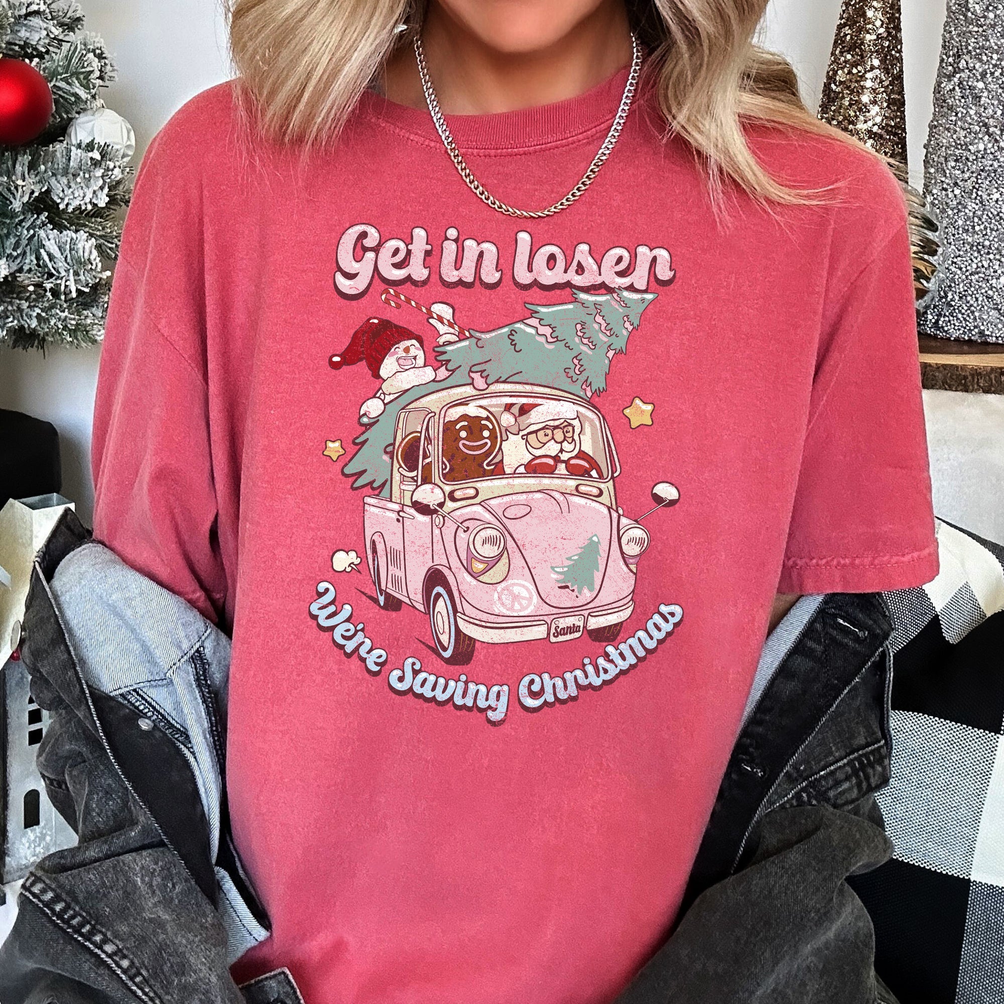 Get In Loser, We're Saving Christmas Retro VW Pink Santa Snowman Comfort Colors Tee