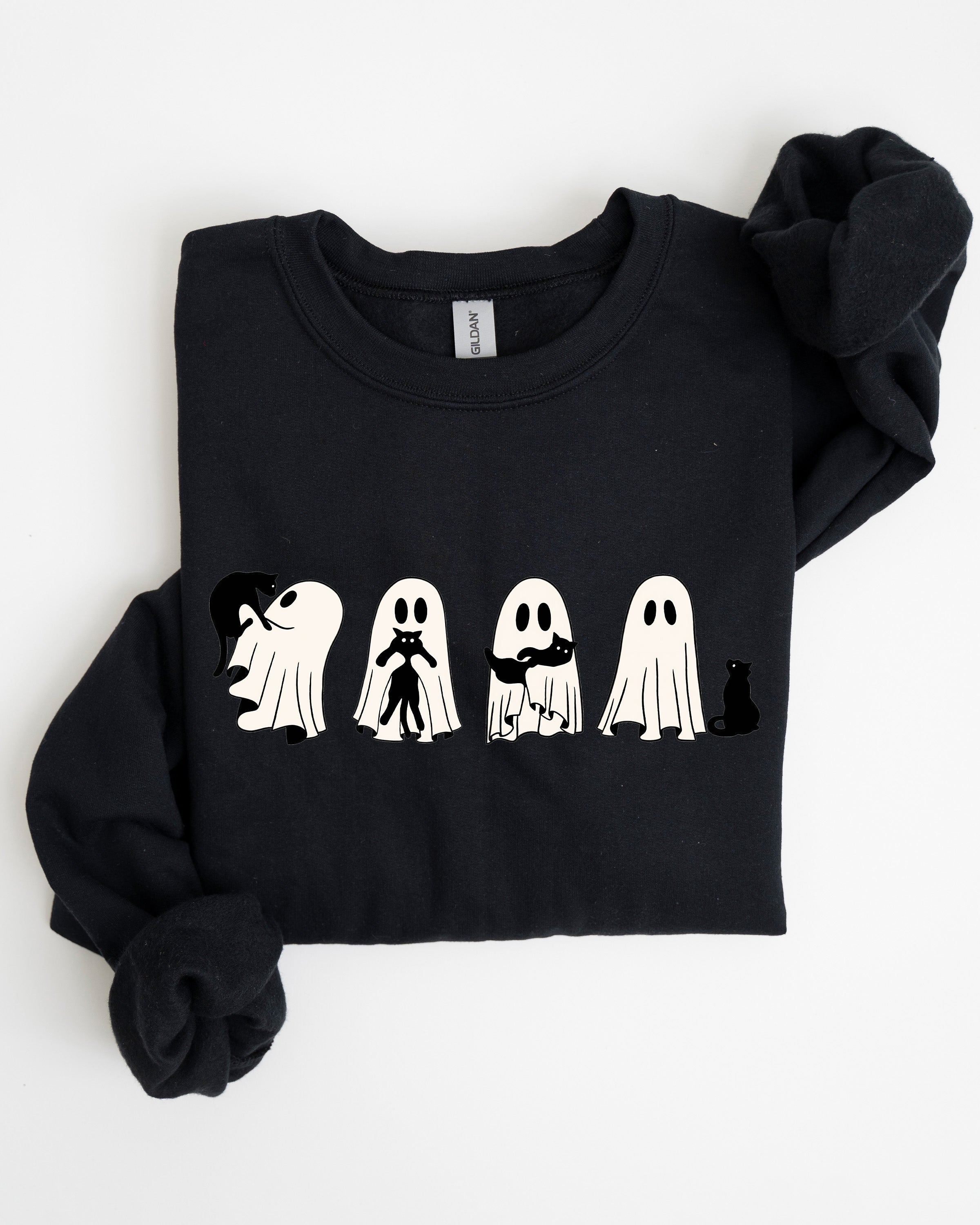 Ghost Cats Trick Or Treat Halloween Witch Skeleton Festive Cozy Print Sweatshirt
