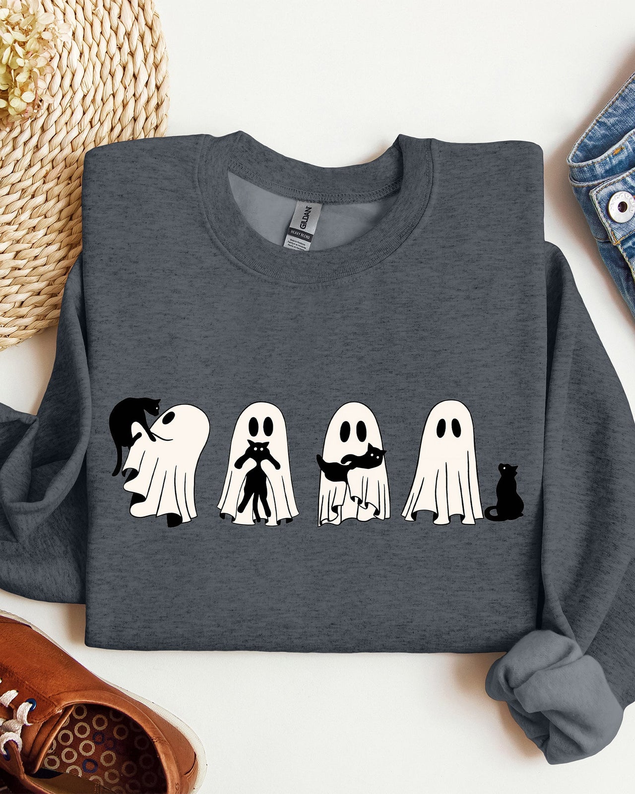 Ghost Cats Trick Or Treat Halloween Witch Skeleton Festive Cozy Print Sweatshirt