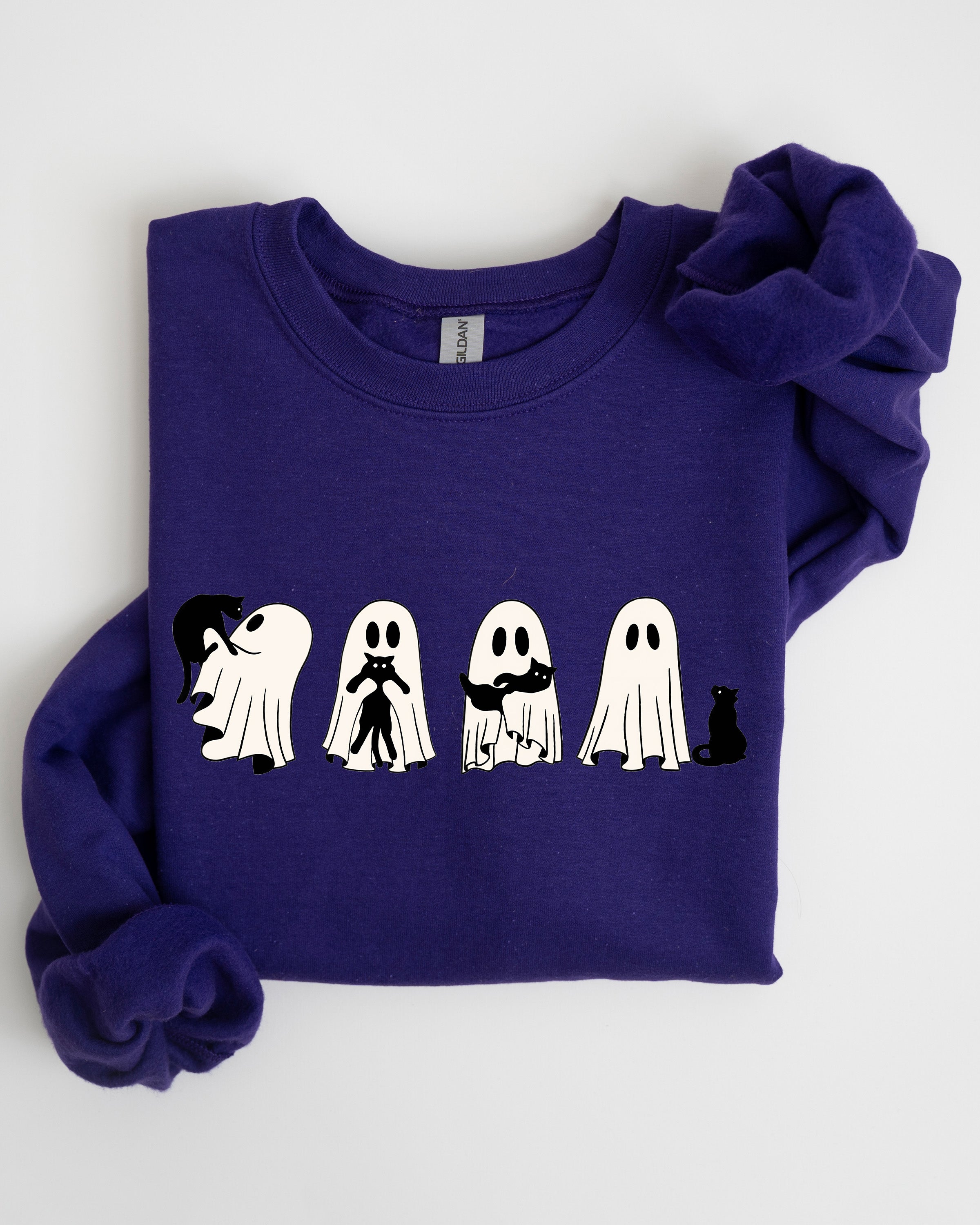 Ghost Cats Trick Or Treat Halloween Witch Skeleton Festive Cozy Print Sweatshirt