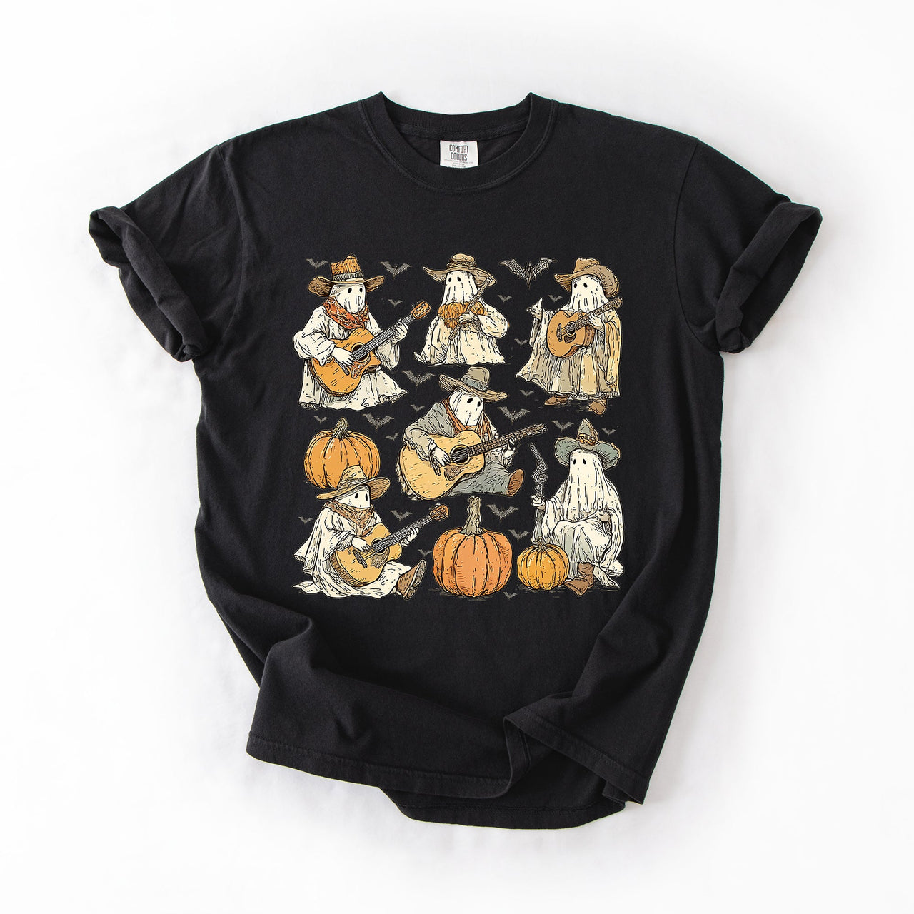 Ghost Cowboys Halloween Bats Spooky Western Outlaws Under Moonlit Sky With Whimsical Ghost Town Charm Comfort Colors Tee