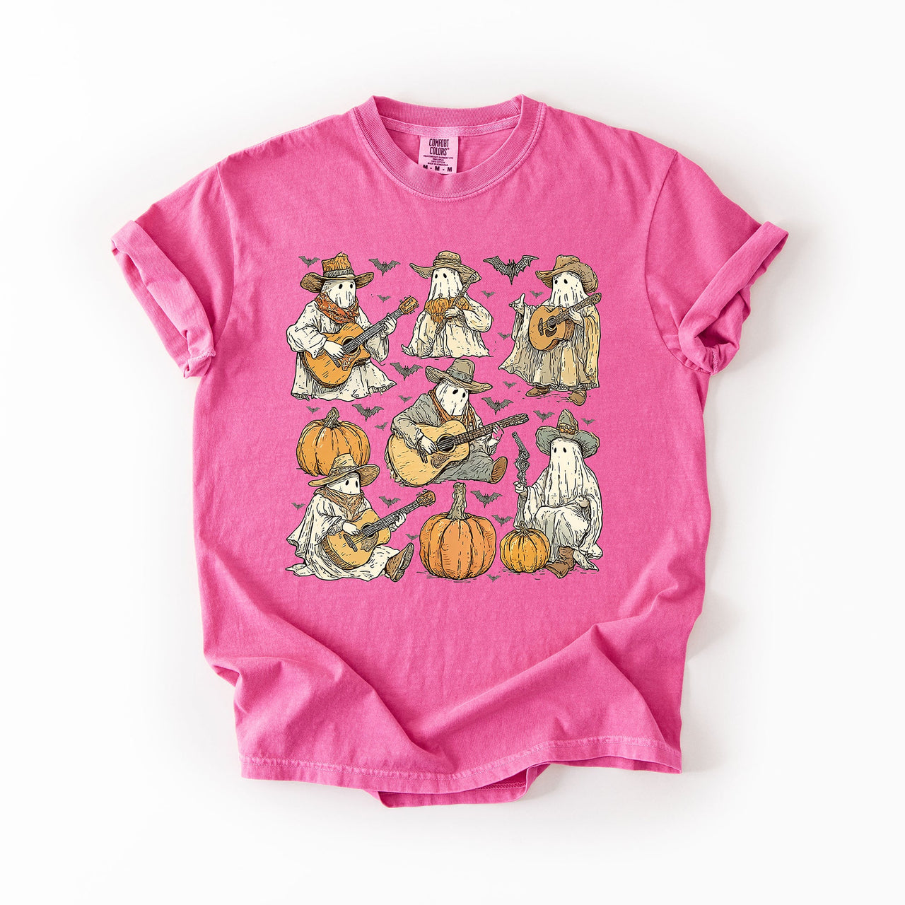 Ghost Cowboys Halloween Bats Spooky Western Outlaws Under Moonlit Sky With Whimsical Ghost Town Charm Comfort Colors Tee
