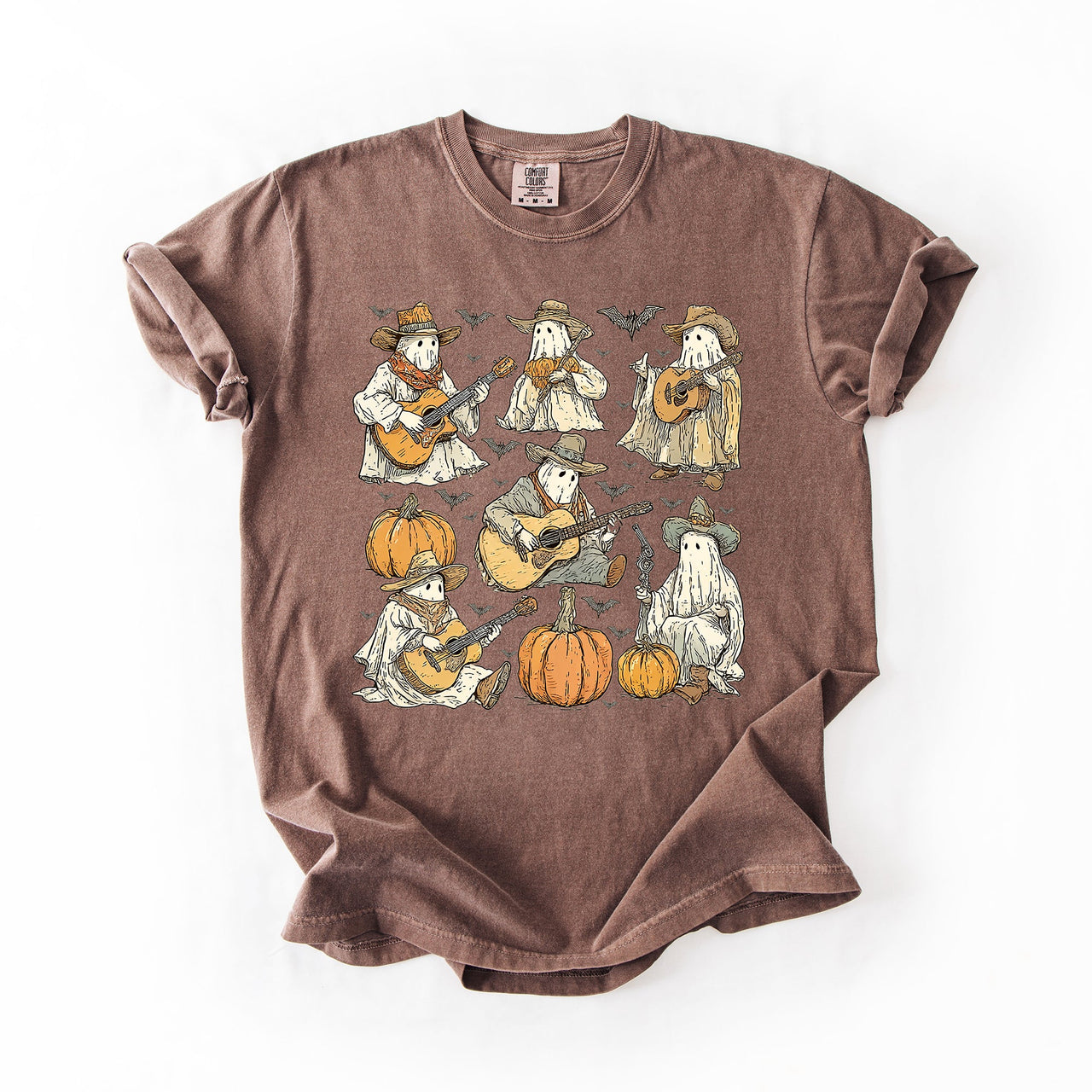Ghost Cowboys Halloween Bats Spooky Western Outlaws Under Moonlit Sky With Whimsical Ghost Town Charm Comfort Colors Tee
