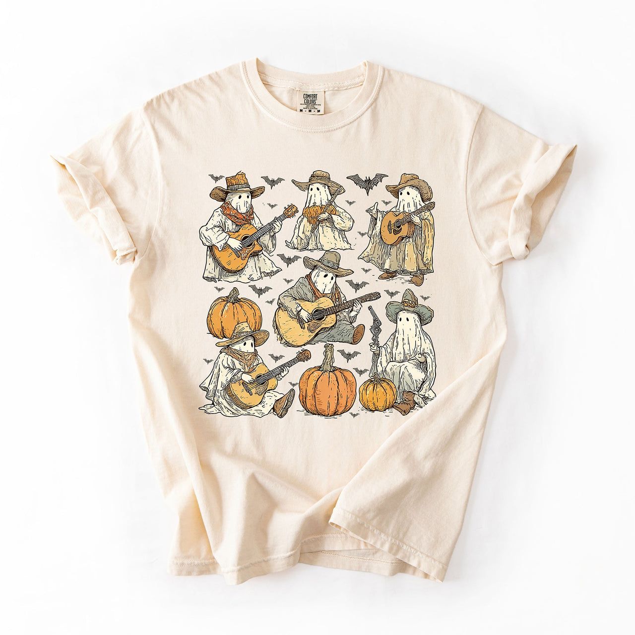 Ghost Cowboys Halloween Bats Spooky Western Outlaws Under Moonlit Sky With Whimsical Ghost Town Charm Comfort Colors Tee