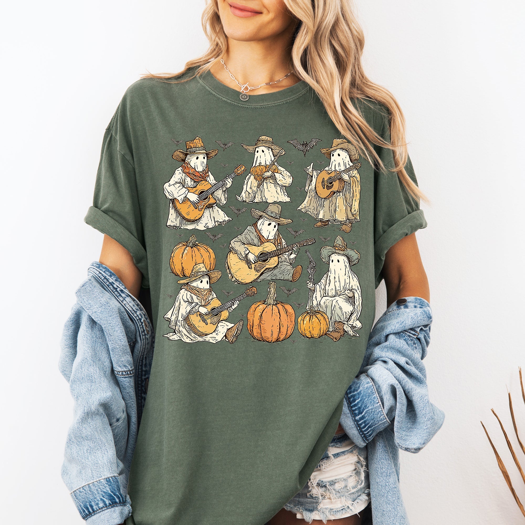 Ghost Cowboys Halloween Bats Spooky Western Outlaws Under Moonlit Sky With Whimsical Ghost Town Charm Comfort Colors Tee