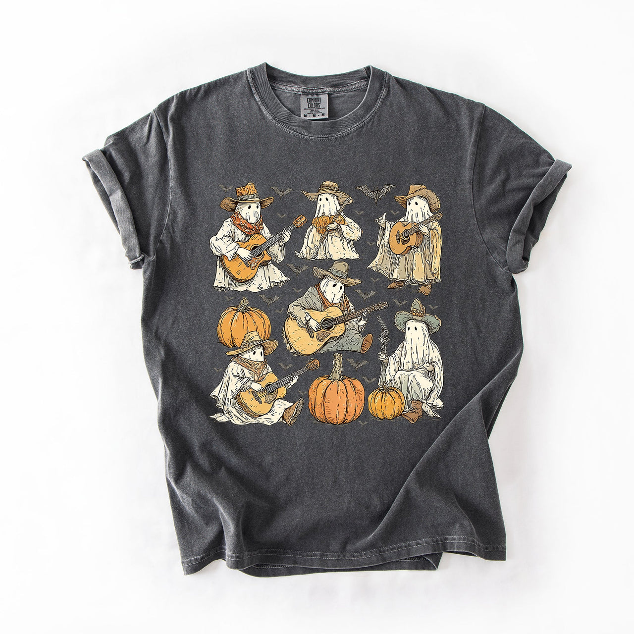 Ghost Cowboys Halloween Bats Spooky Western Outlaws Under Moonlit Sky With Whimsical Ghost Town Charm Comfort Colors Tee