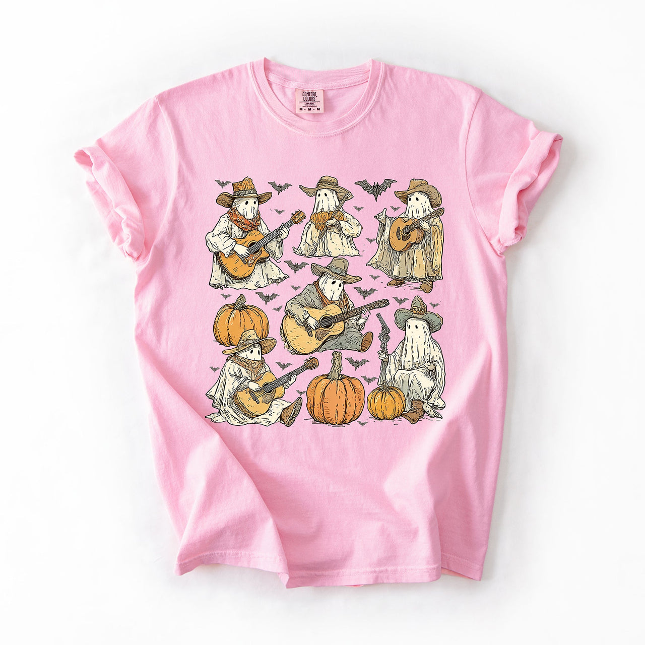 Ghost Cowboys Halloween Bats Spooky Western Outlaws Under Moonlit Sky With Whimsical Ghost Town Charm Comfort Colors Tee