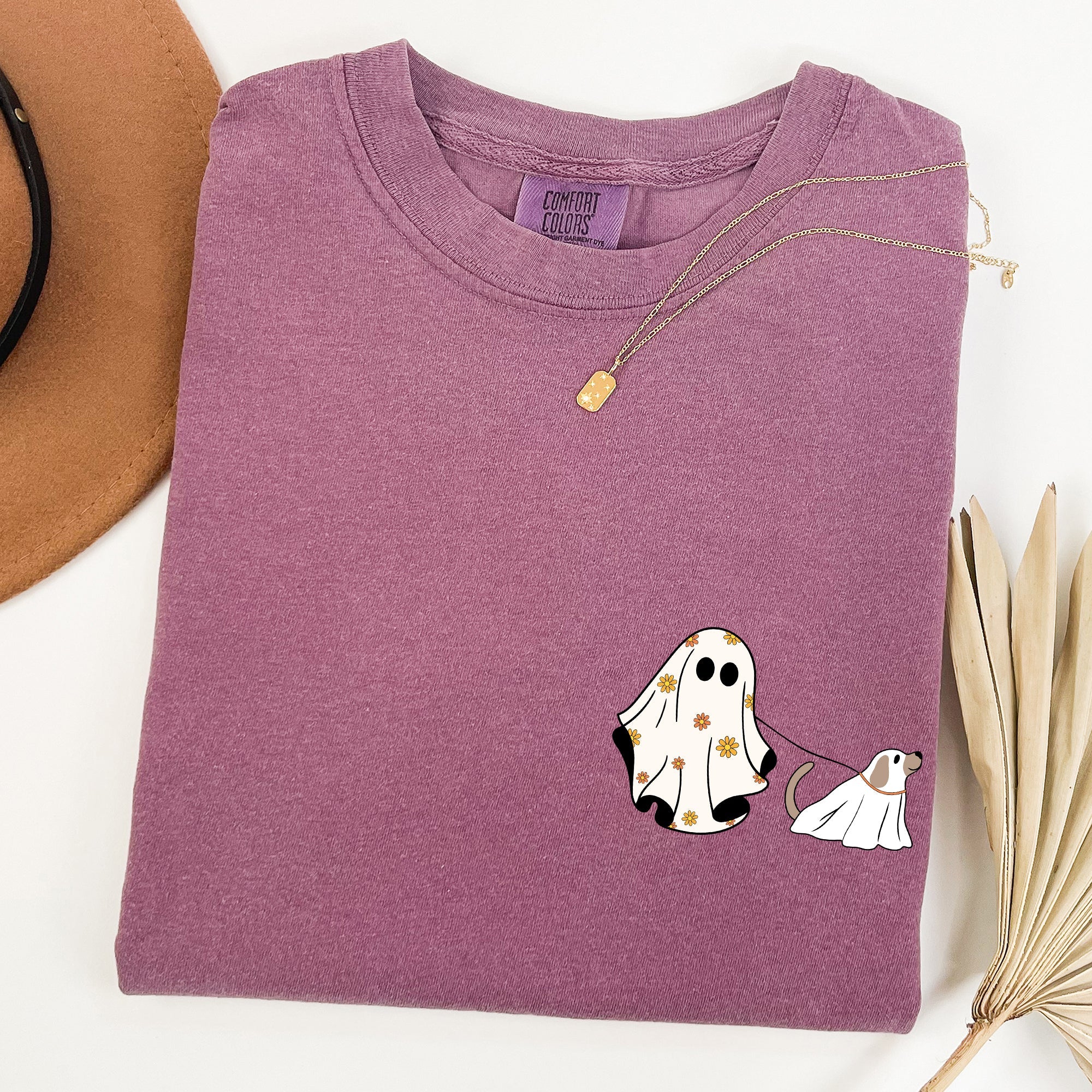 Ghost Walking Dog Pocket Print Animal Lover Halloween Classic Comfort Colors Tee