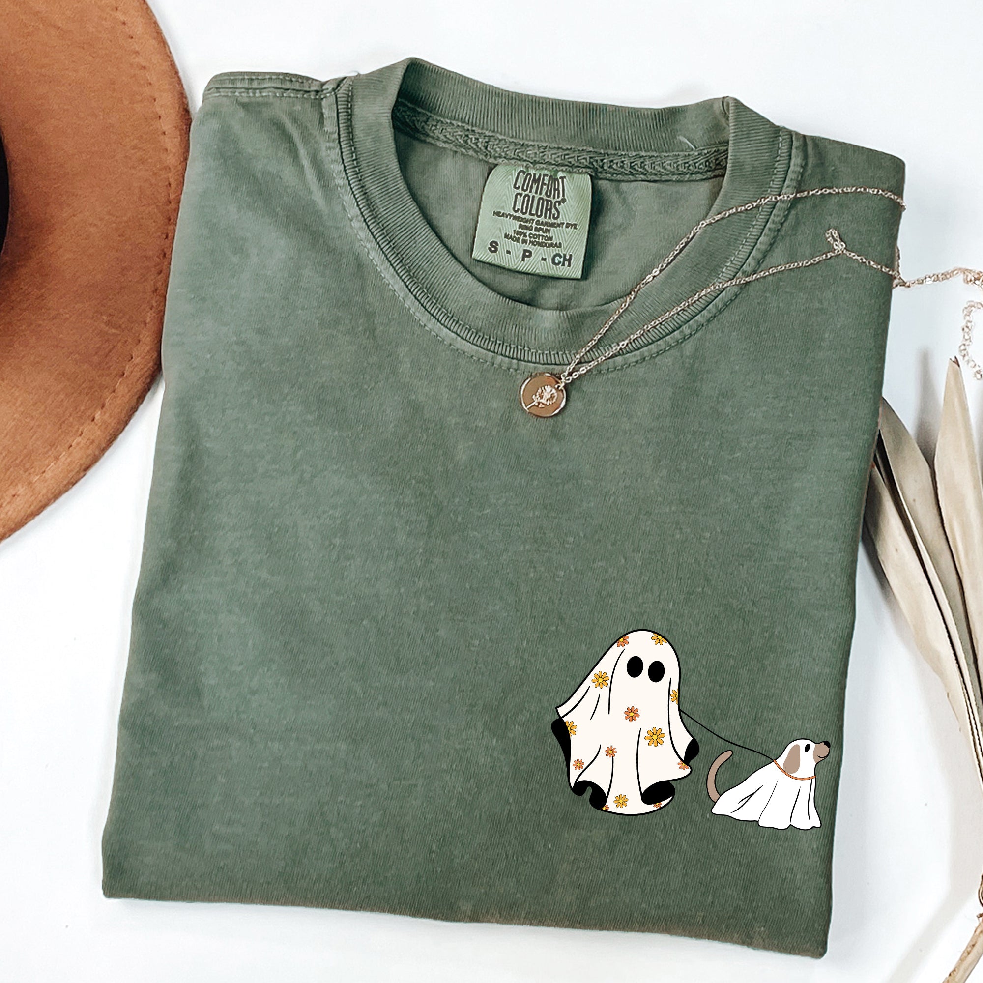 Ghost Walking Dog Pocket Print Animal Lover Halloween Classic Comfort Colors Tee