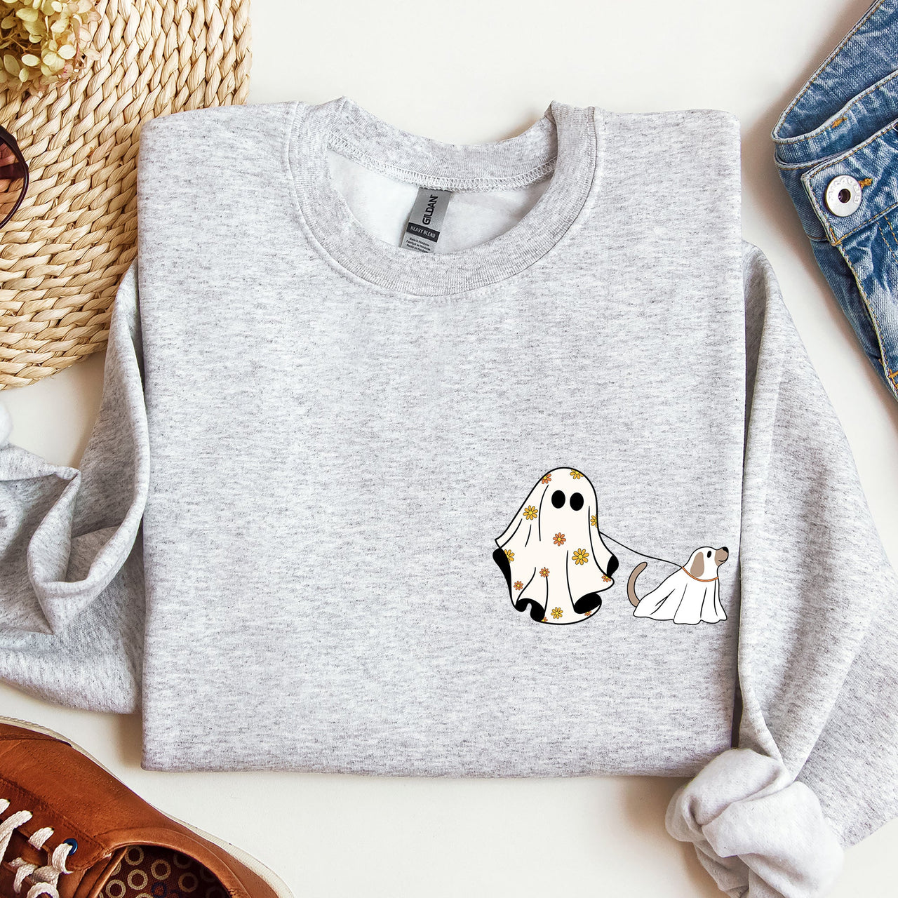 Ghost Walking Dog Pocket Print Halloween Animal Lover Cozy Warm Vintage Vibe Sweatshirt