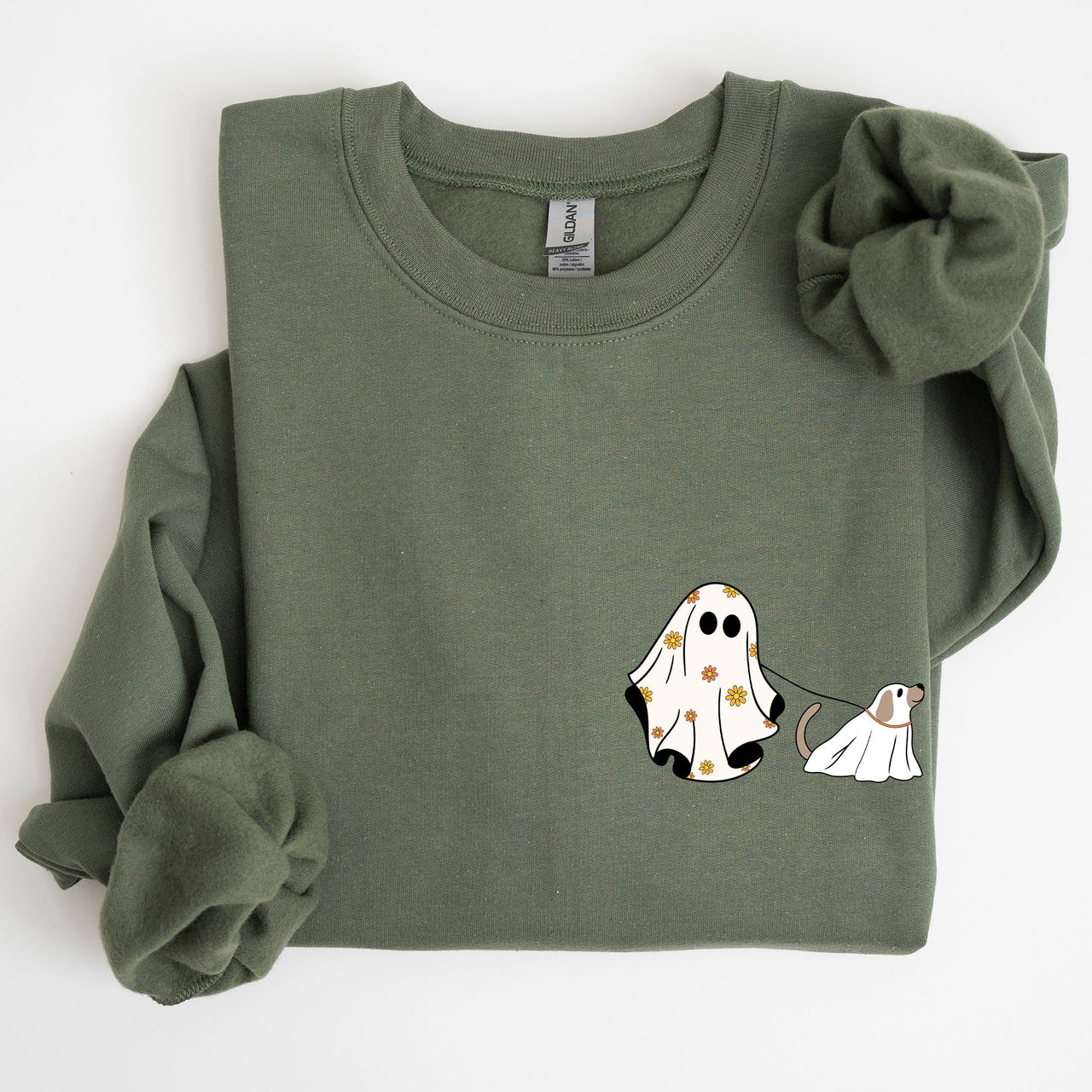 Ghost Walking Dog Pocket Print Halloween Animal Lover Cozy Warm Vintage Vibe Sweatshirt