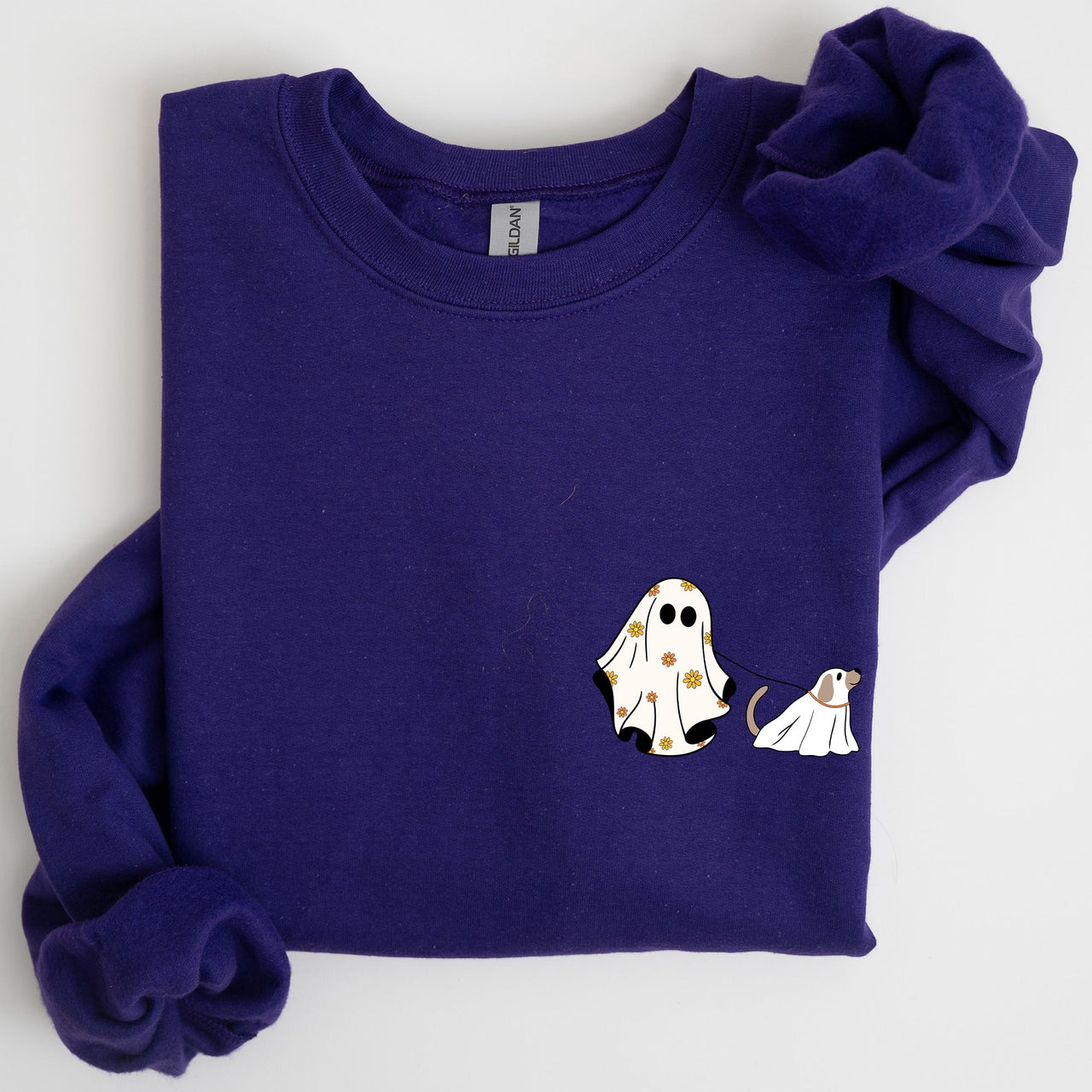 Ghost Walking Dog Pocket Print Halloween Animal Lover Cozy Warm Vintage Vibe Sweatshirt