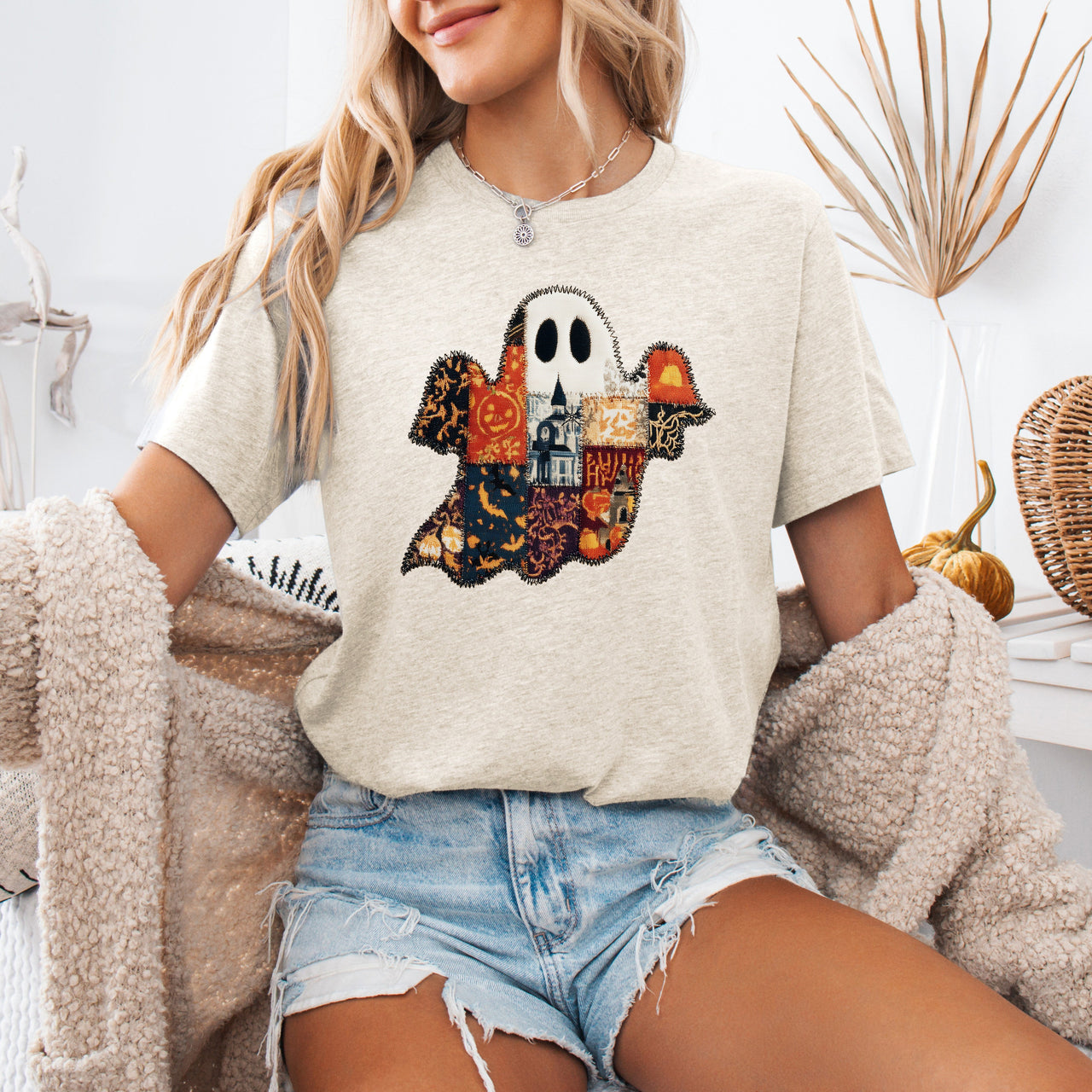 Ghost Faux Quilt Classic Halloween Fall Autumn Cozy Vintage Inspired Graphic Tee