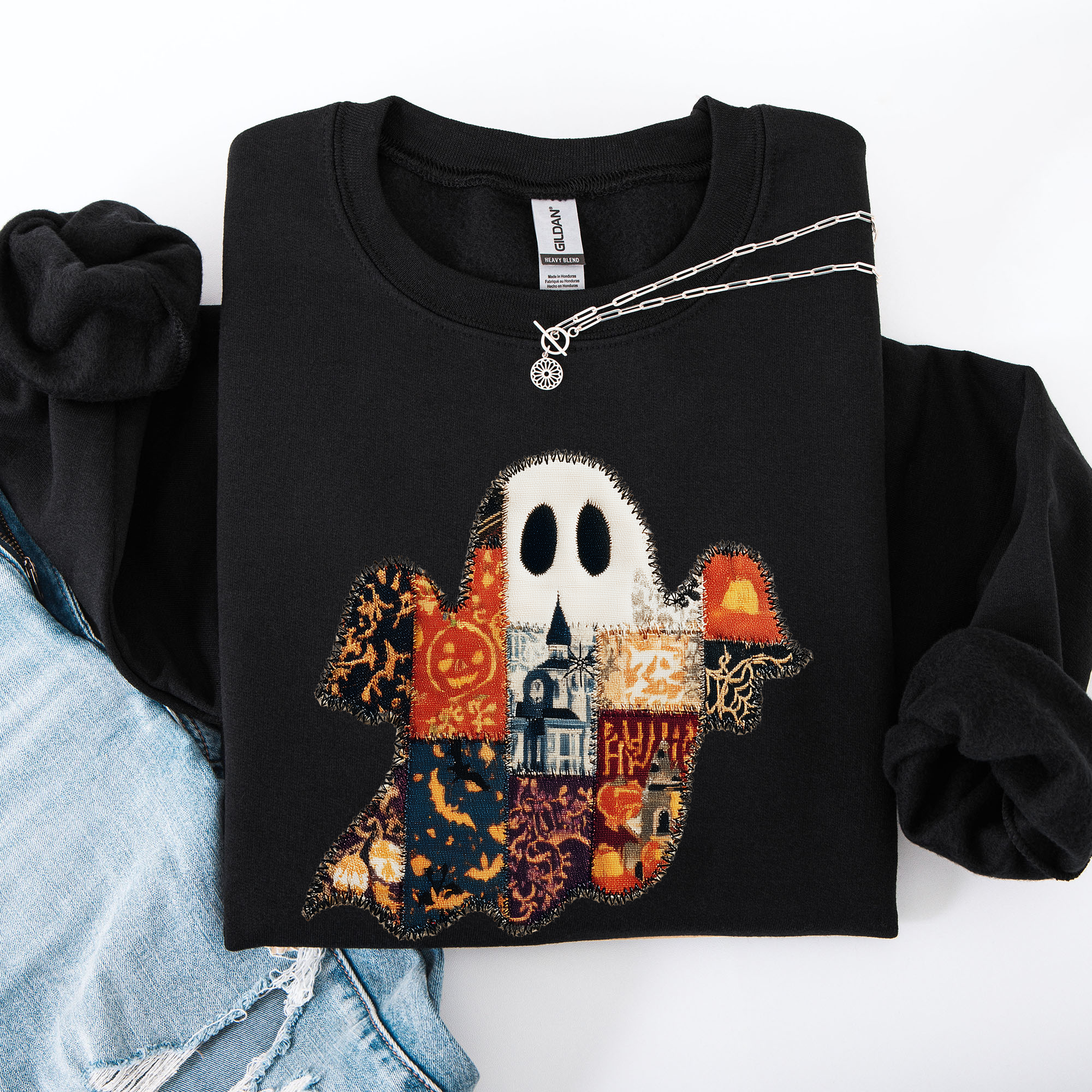 Ghost Faux Quilt Classic Halloween Fall Cozy Nights Festive Timeless Spooky Style Sweatshirt