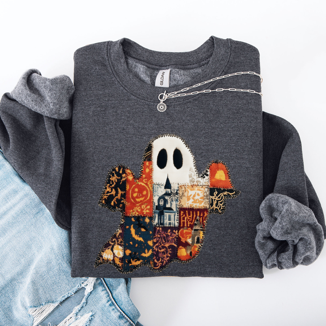 Ghost Faux Quilt Classic Halloween Fall Cozy Nights Festive Timeless Spooky Style Sweatshirt