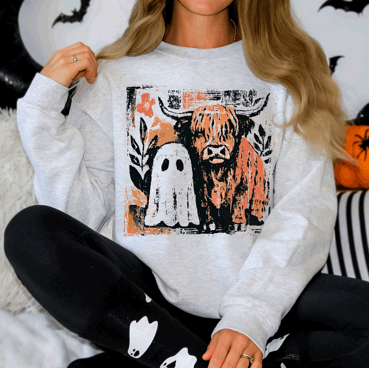 Ghost and Cow Cute Autumn Halloween Spooky Fall Cozy Nostalgic Seasonal Sweatshirt