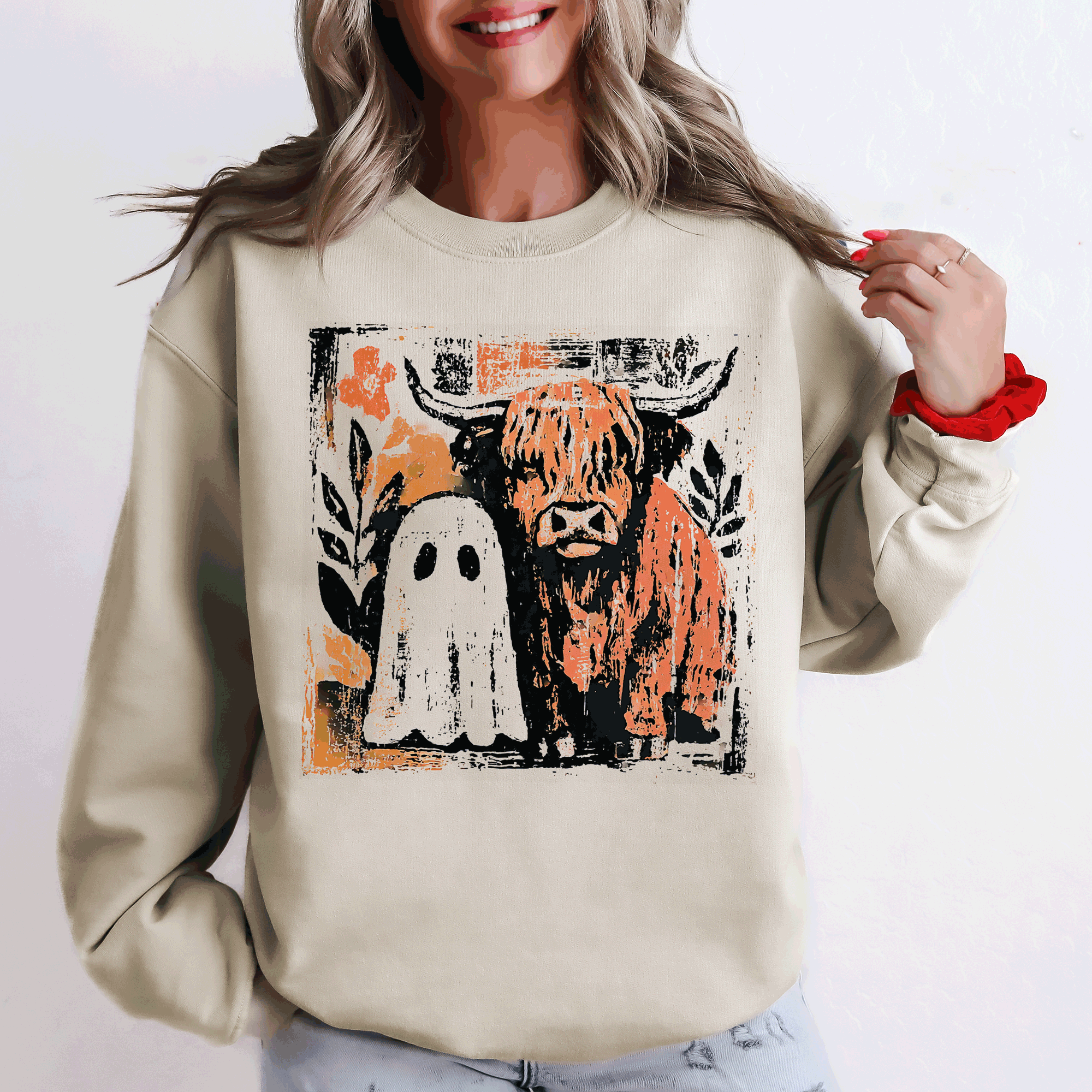 Ghost and Cow Cute Autumn Halloween Spooky Fall Cozy Nostalgic Seasonal Sweatshirt