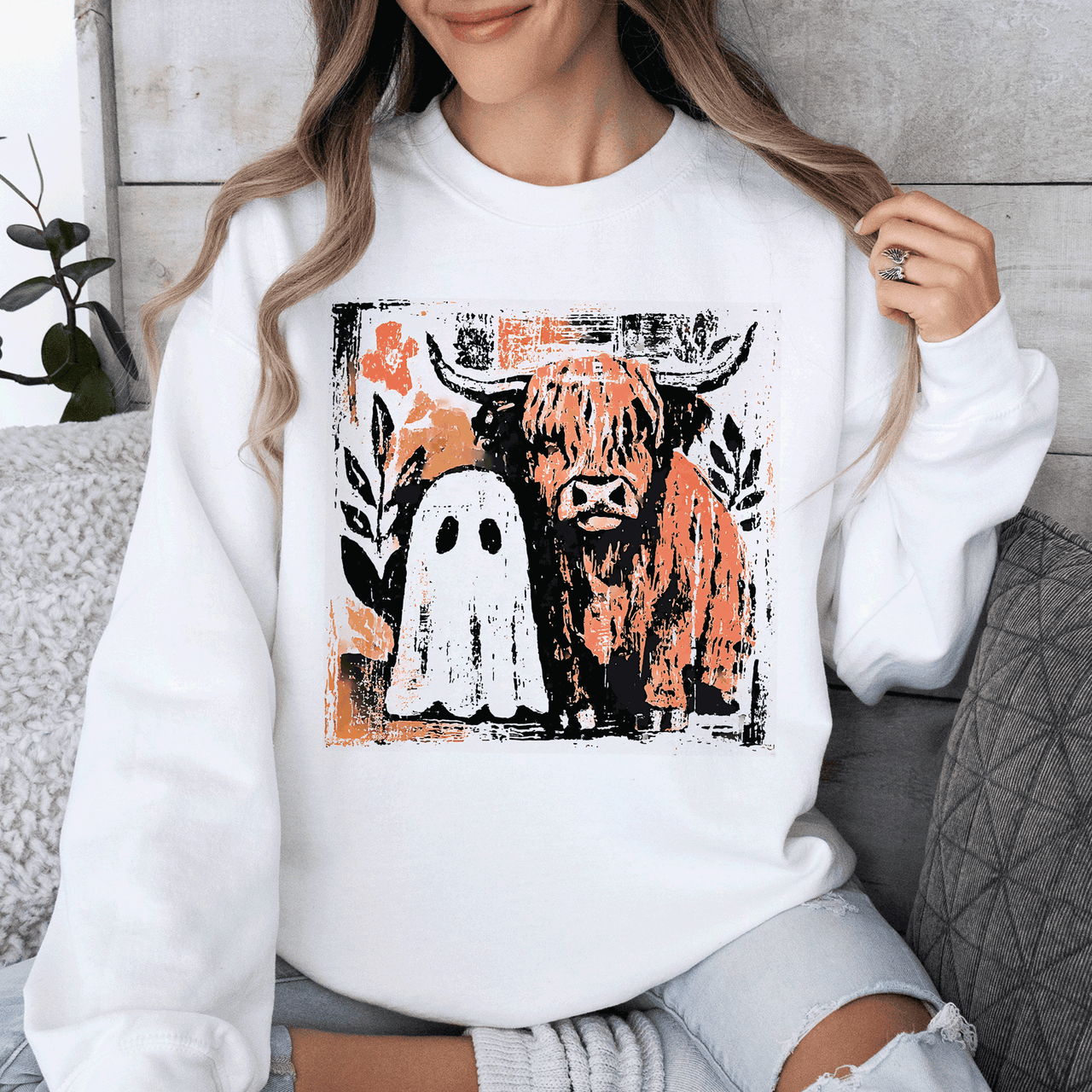Ghost and Cow Cute Autumn Halloween Spooky Fall Cozy Nostalgic Seasonal Sweatshirt