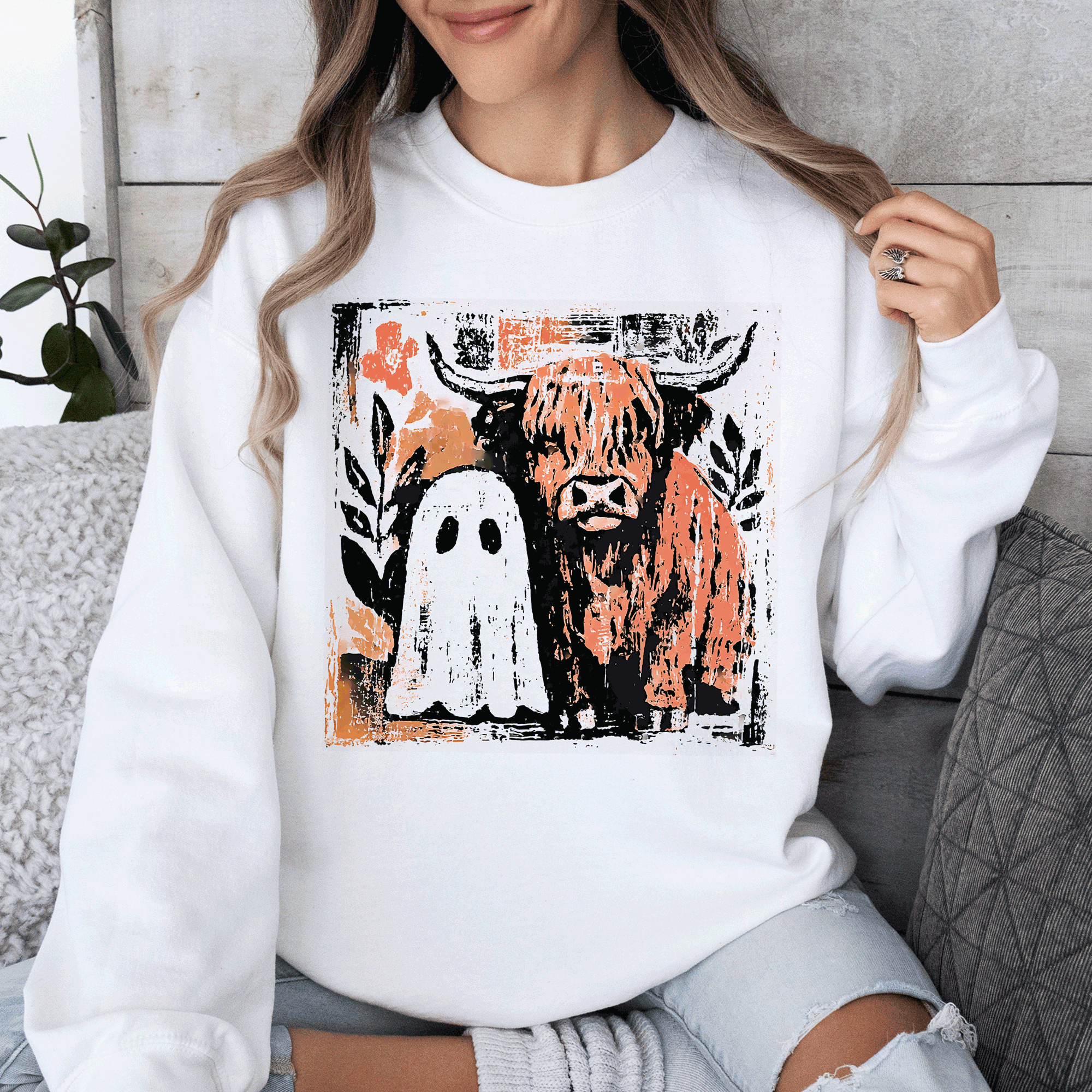 Ghost and Cow Cute Autumn Halloween Spooky Fall Cozy Nostalgic Seasonal Sweatshirt