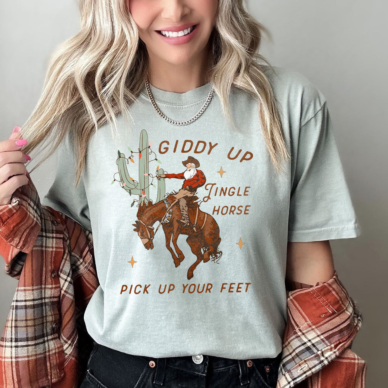Giddy Up Jingle Horse Cowboy Santa Christmas Desert Cactus Holiday Western Scene Comfort Colors Tee