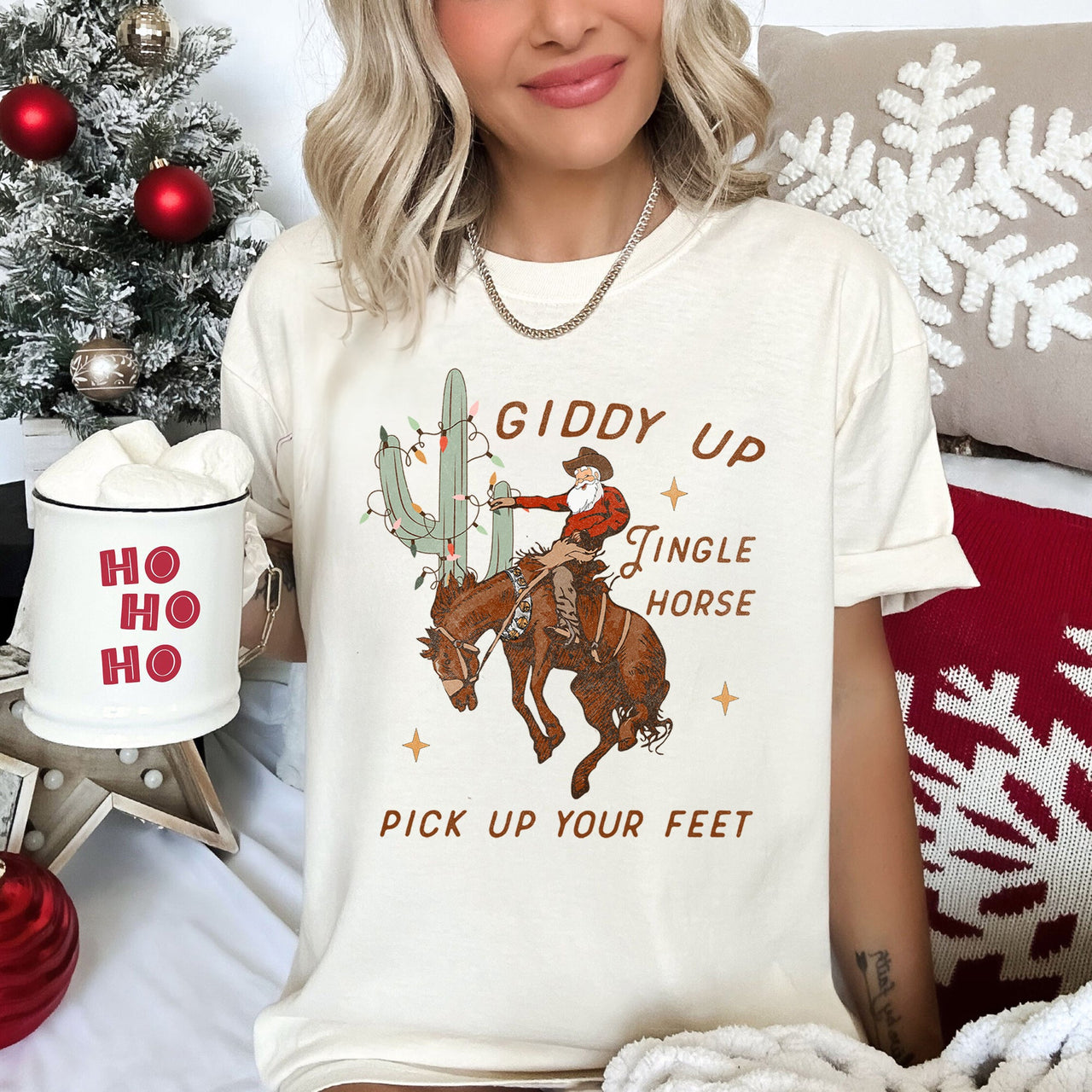 Giddy Up Jingle Horse Cowboy Santa Christmas Desert Cactus Holiday Western Scene Comfort Colors Tee