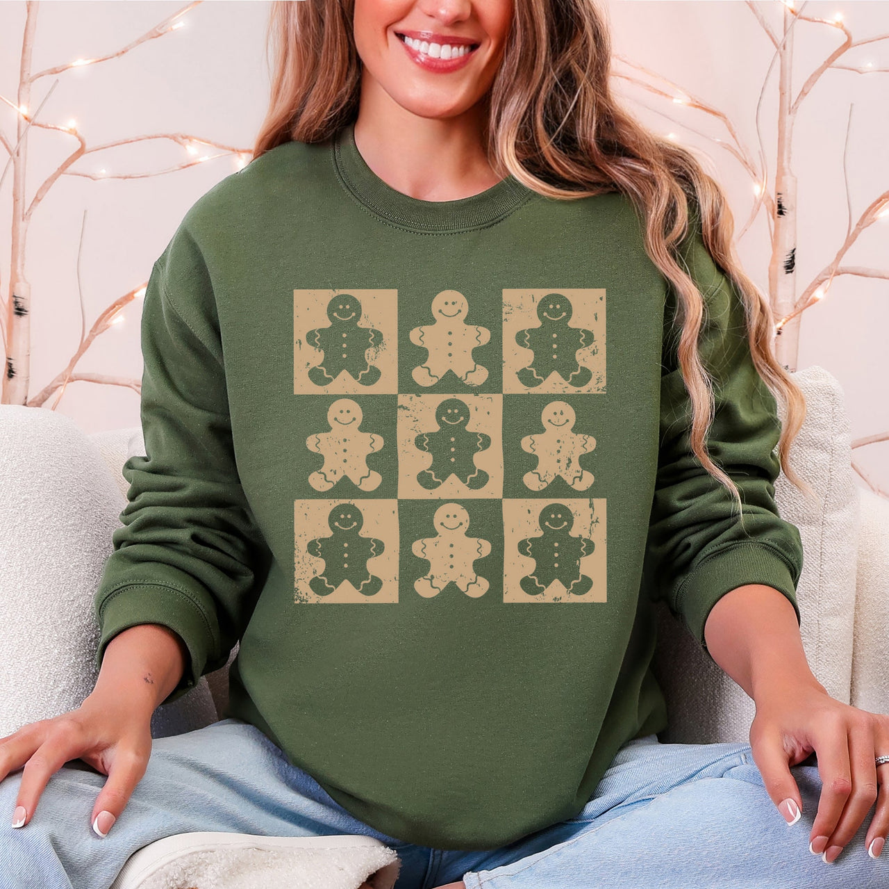 Gingerbread Men Christmas Minimalist Retro Whimsical Cozy Holiday Themed Illustration Print Sweatshirt